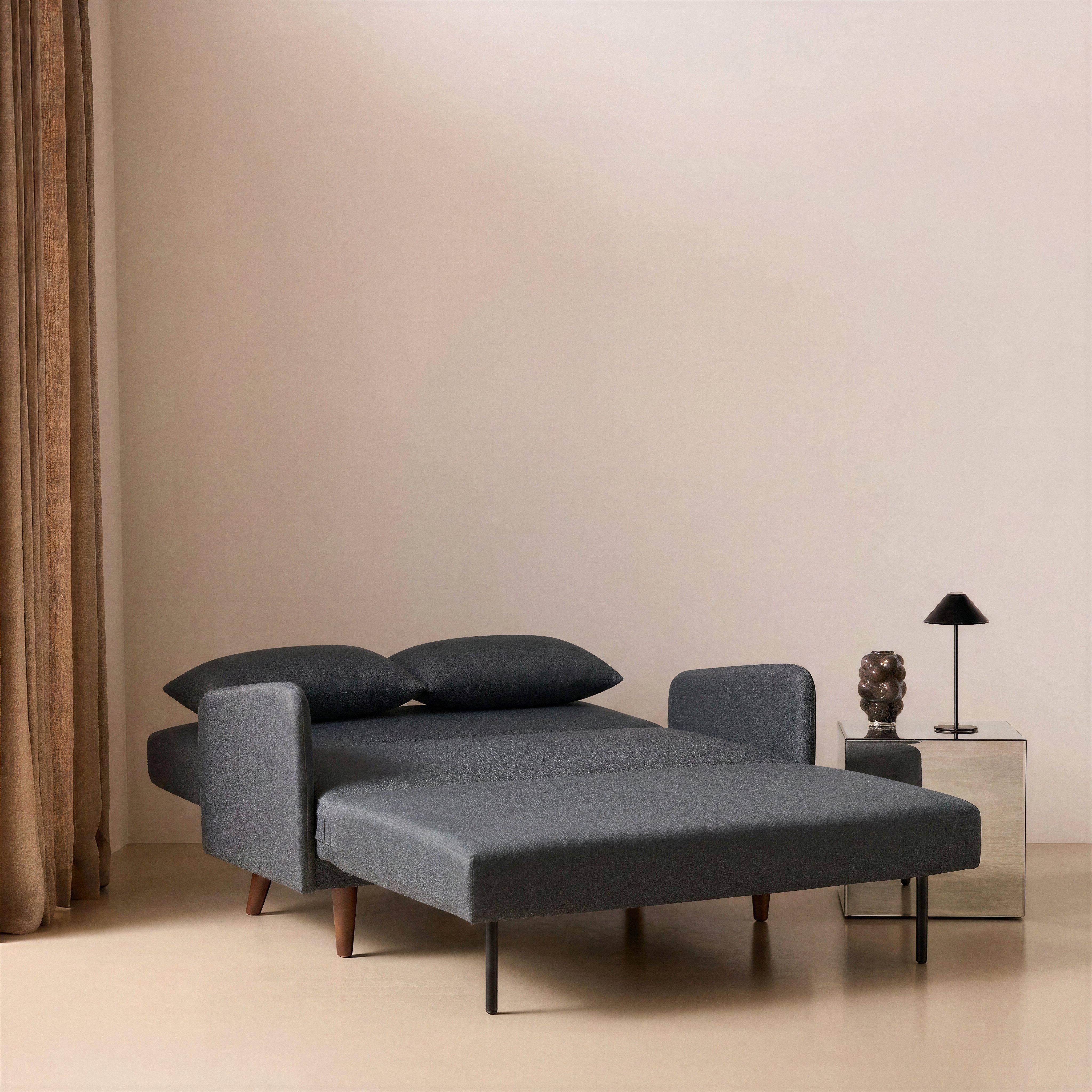 Canapé convertible en tissu - Panam - 2 places scandinave, pieds bois foncé, gris foncé, banquette, dossier inclinable,sweeek,Photo2