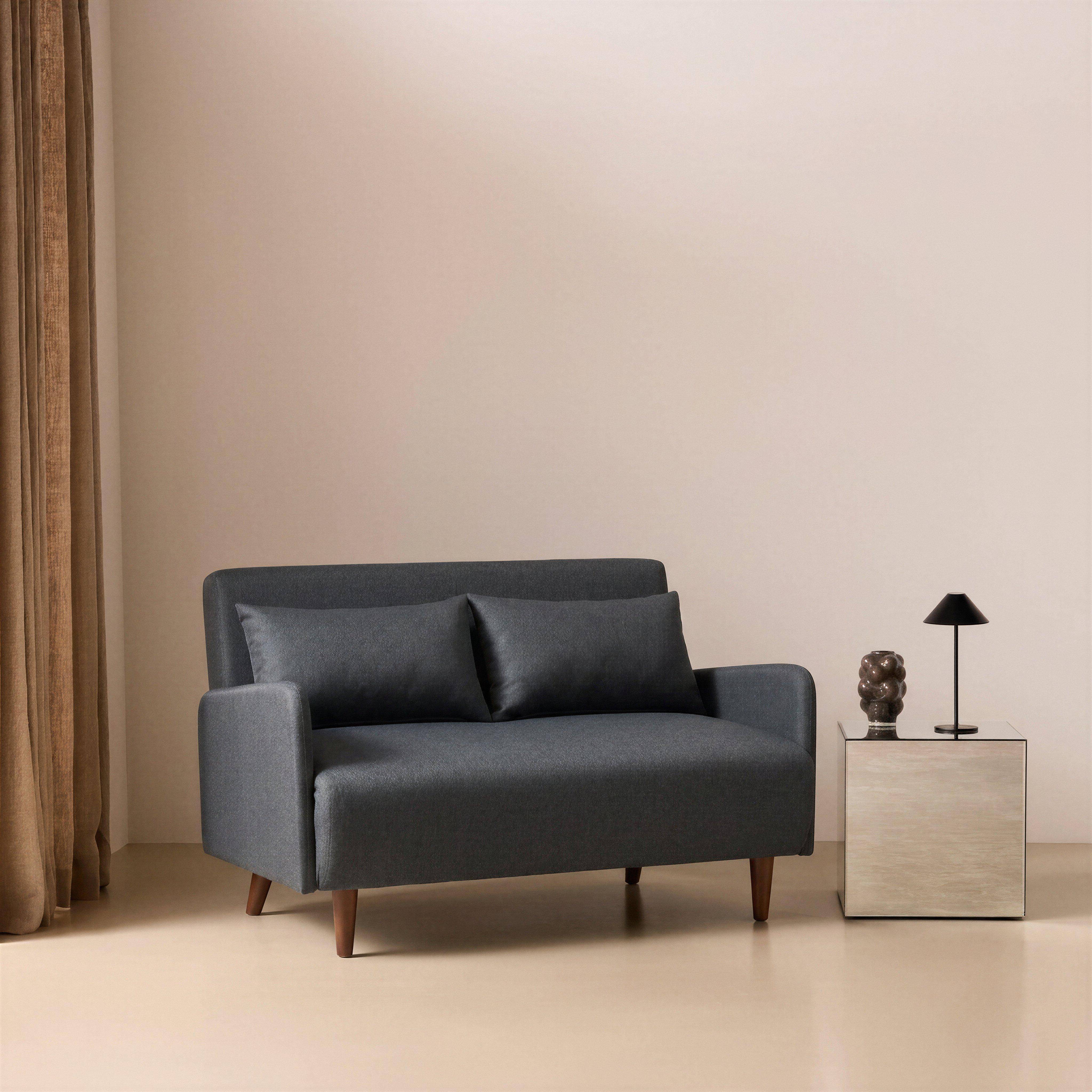 Canapé convertible en tissu - Panam - 2 places scandinave, pieds bois foncé, gris foncé, banquette, dossier inclinable Photo1