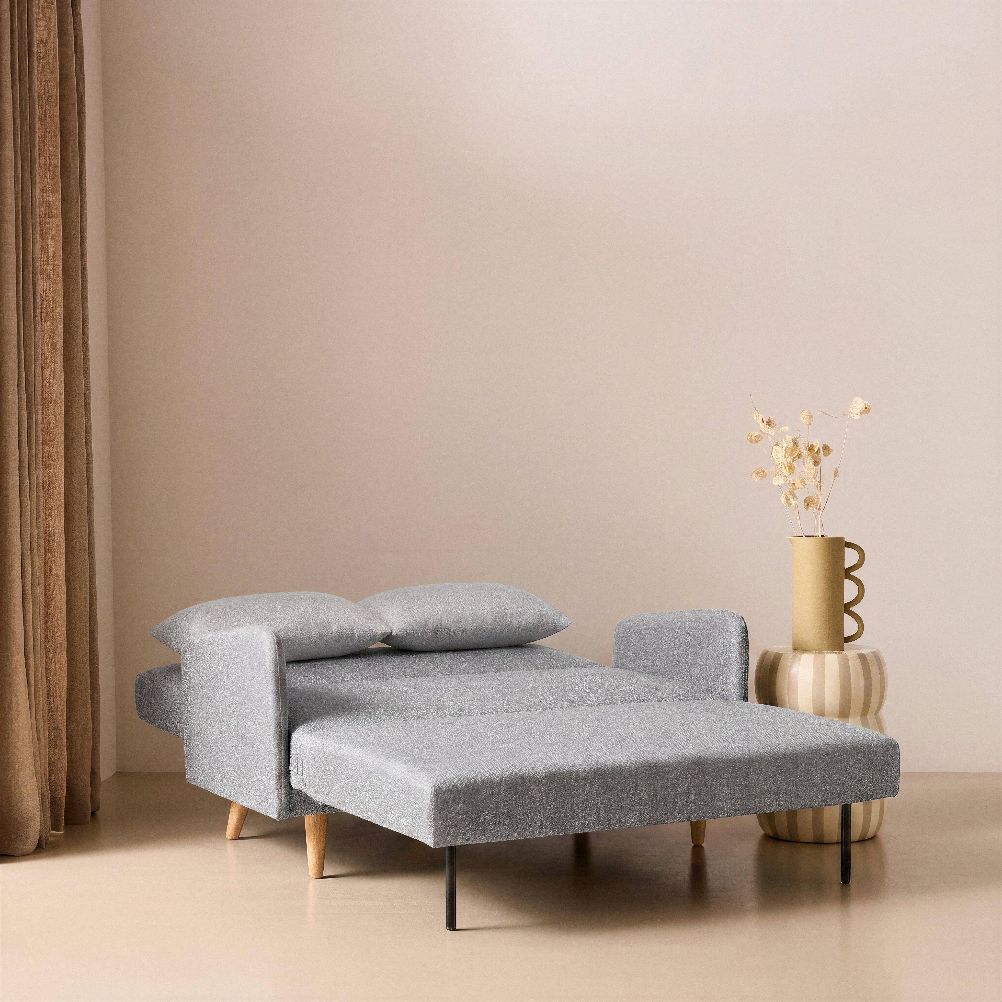 Divano letto clic-clac in tessuto con gambe in legno, 2 posti Grigio chiaro - 131x75x81 cm Photo2