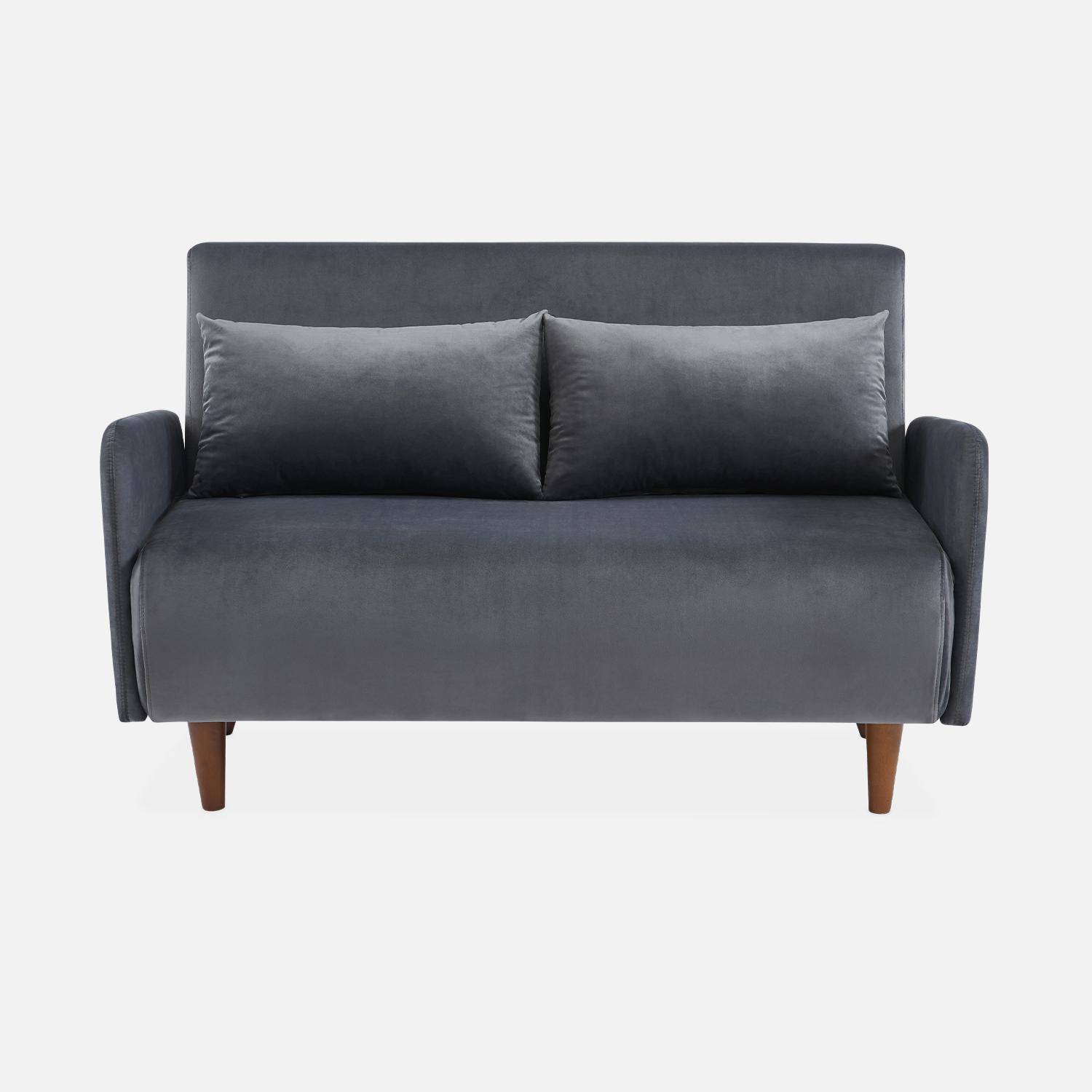 2-Sitzer-Sofa mit dunkelgrauem Samtbezug - Schlaffunktion - skandinavisch, Holzfüße, verstellbare Rückenlehne - Panam,sweeek,Photo4