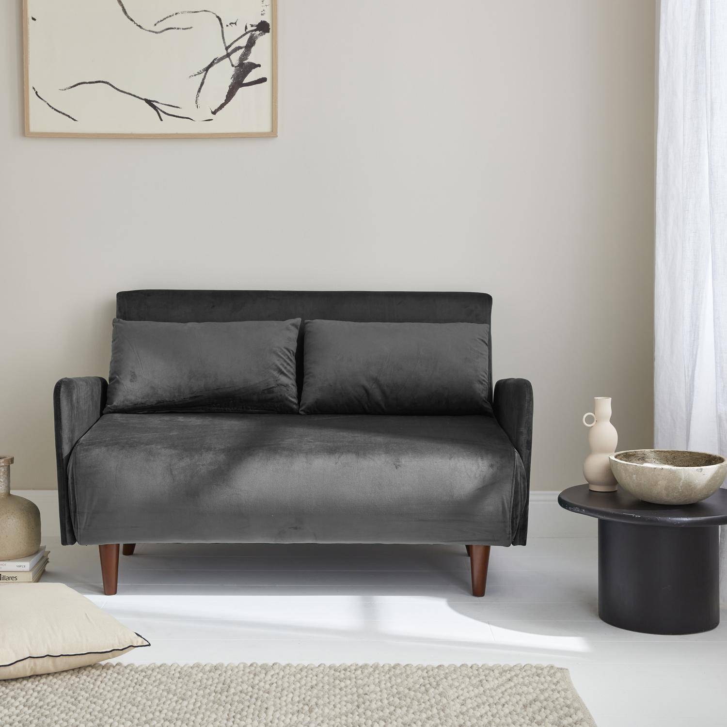 2-Sitzer-Sofa mit dunkelgrauem Samtbezug - Schlaffunktion - skandinavisch, Holzfüße, verstellbare Rückenlehne - Panam,sweeek,Photo1