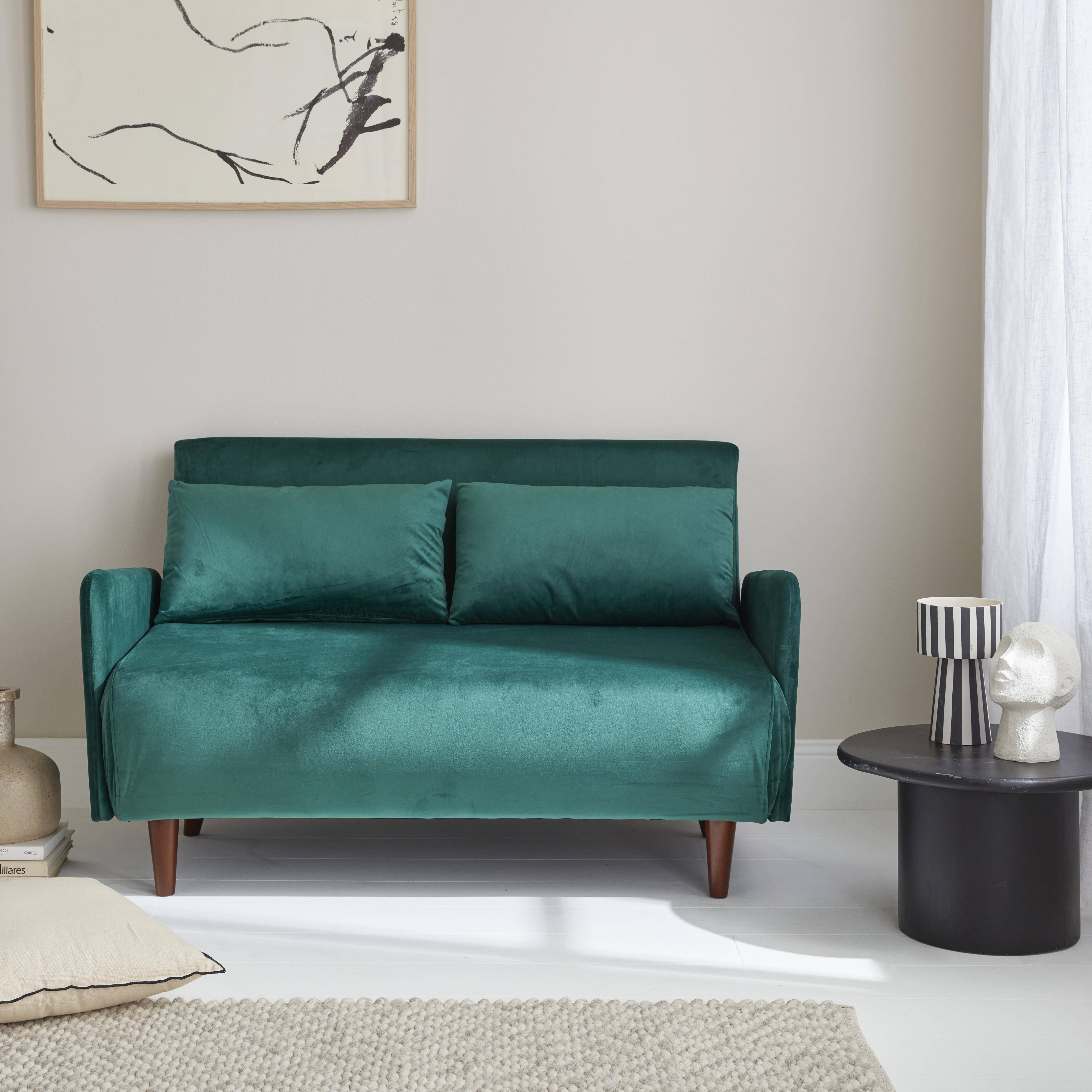 2-Sitzer-Sofa mit grünem Samtbezug - Panam - Schlaffunktion - Füße dunkles Holz, verstellbare Rückenlehne - Panam,sweeek,Photo1