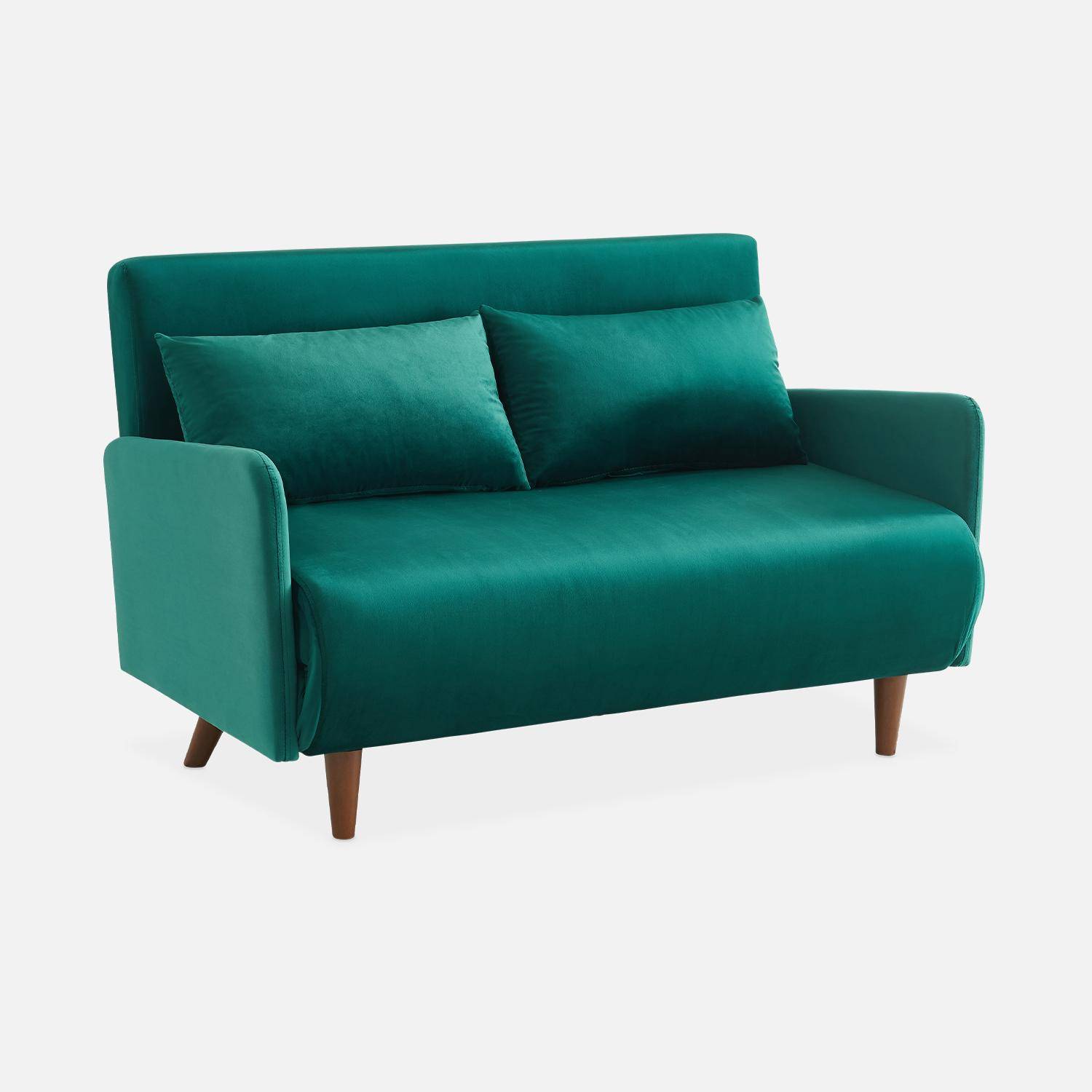 2-Sitzer-Sofa mit grünem Samtbezug, Schlaffunktion, Füße dunkles Holz, verstellbare Rückenlehne - Panam,sweeek,Photo4