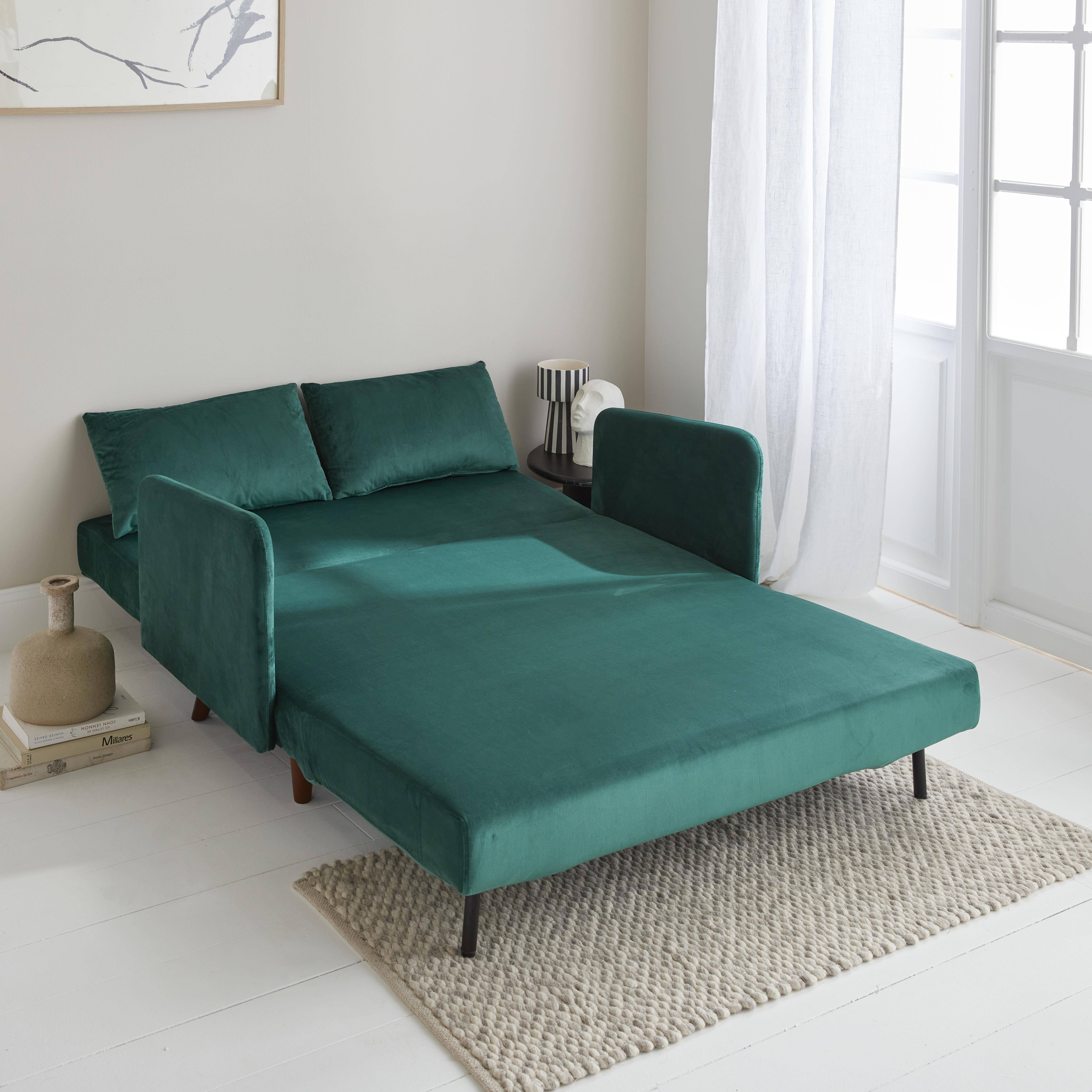 2-Sitzer-Sofa mit grünem Samtbezug - Panam - Schlaffunktion - Füße dunkles Holz, verstellbare Rückenlehne - Panam Photo2