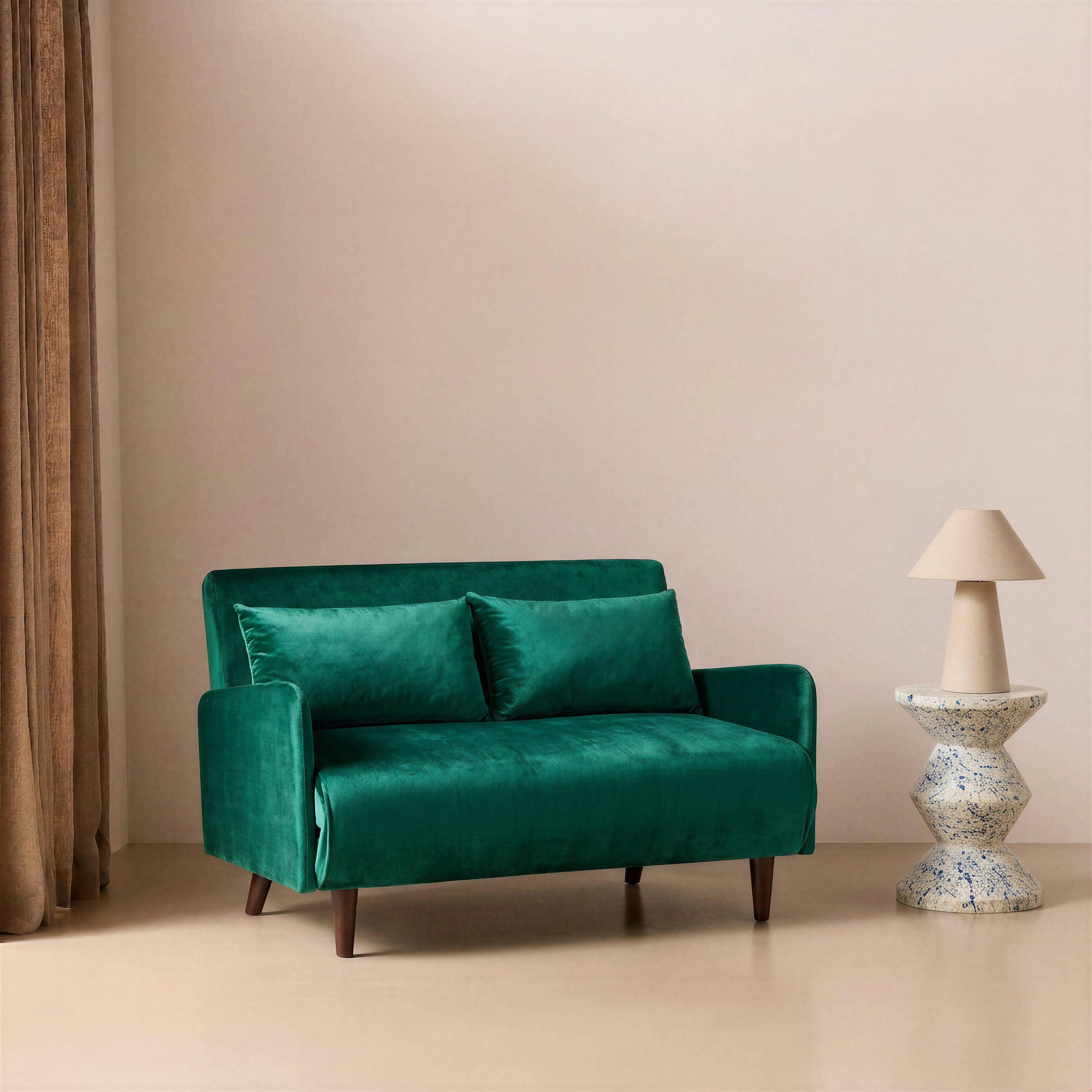 2-Sitzer-Sofa mit grünem Samtbezug, Schlaffunktion, Füße dunkles Holz, verstellbare Rückenlehne - Panam Photo1