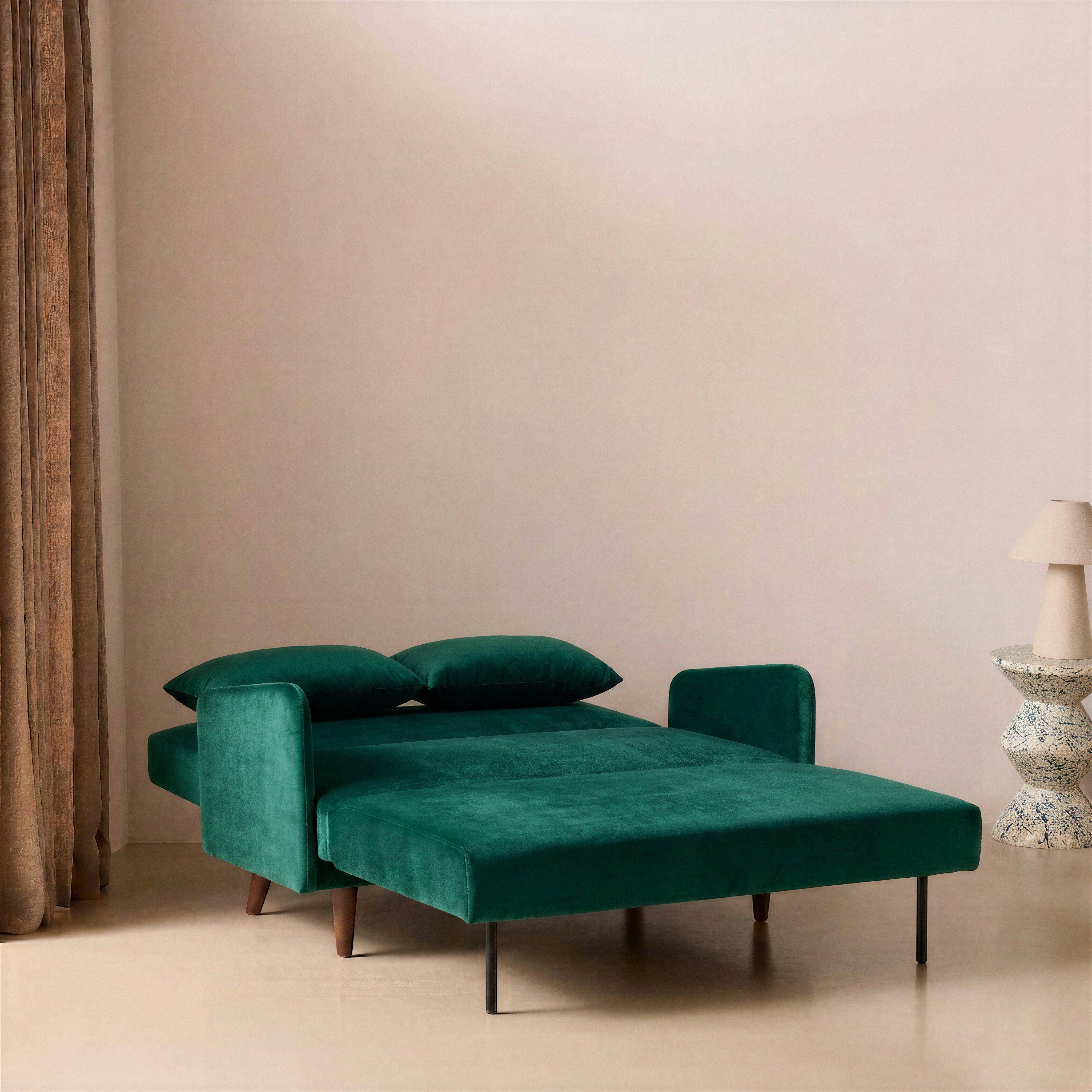 2-Sitzer-Sofa mit grünem Samtbezug, Schlaffunktion, Füße dunkles Holz, verstellbare Rückenlehne - Panam Photo2