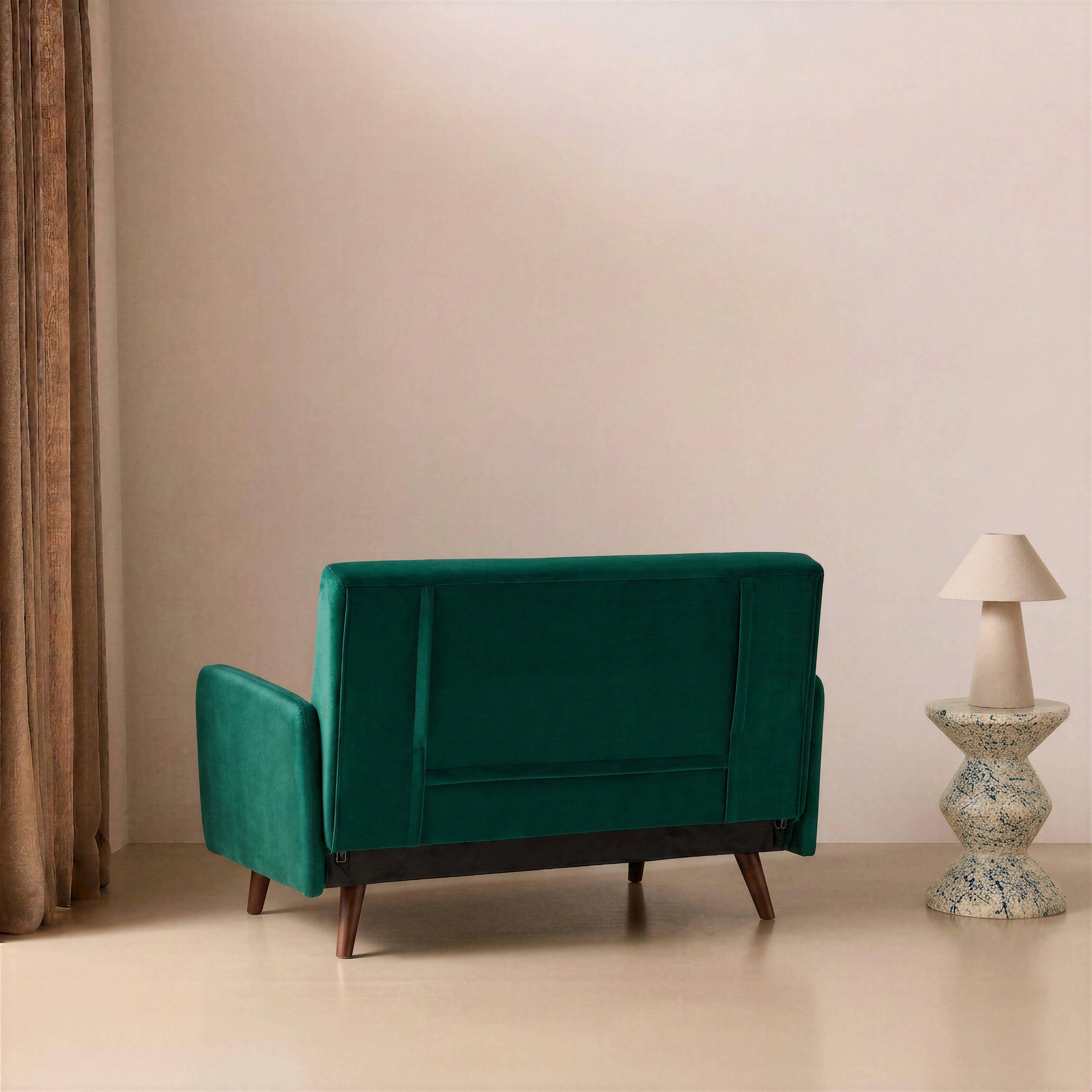 2-Sitzer-Sofa mit grünem Samtbezug, Schlaffunktion, Füße dunkles Holz, verstellbare Rückenlehne - Panam Photo3