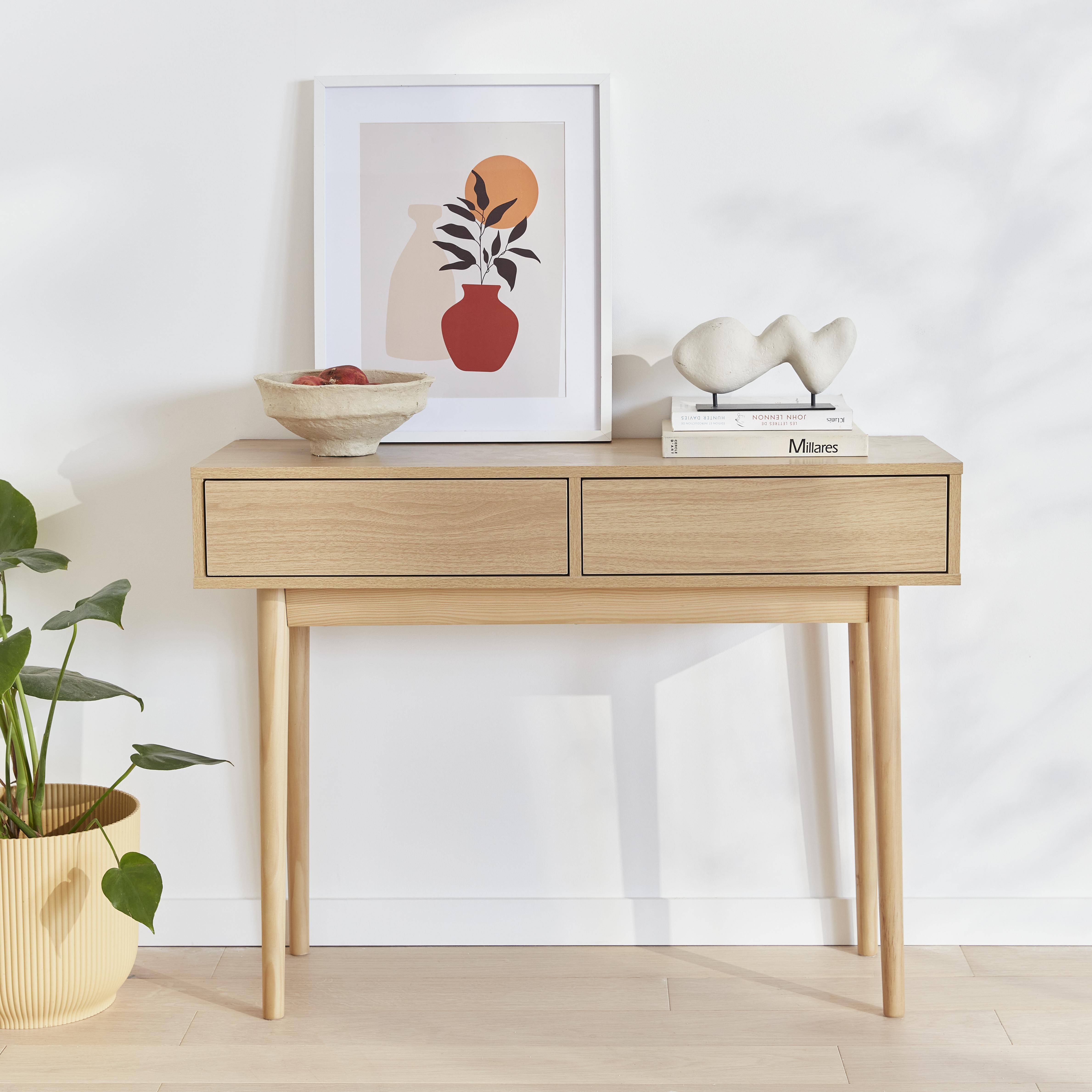 Console en décor bois - Mika - 2 tiroirs, pieds scandinaves, L 100 x l 35 x H 75cm,sweeek,Photo1