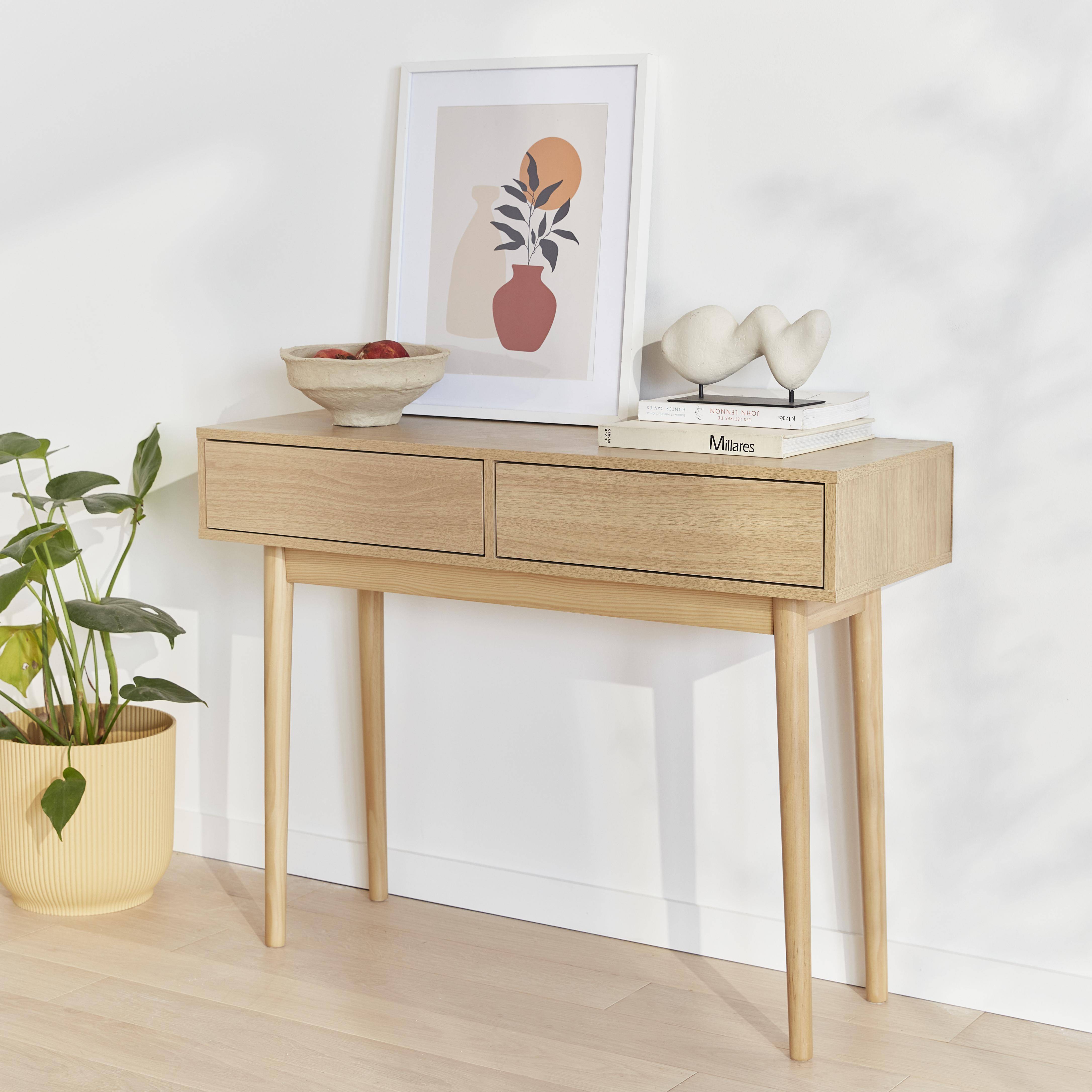 Console en décor bois - Mika - 2 tiroirs, pieds scandinaves, L 100 x l 35 x H 75cm,sweeek,Photo2