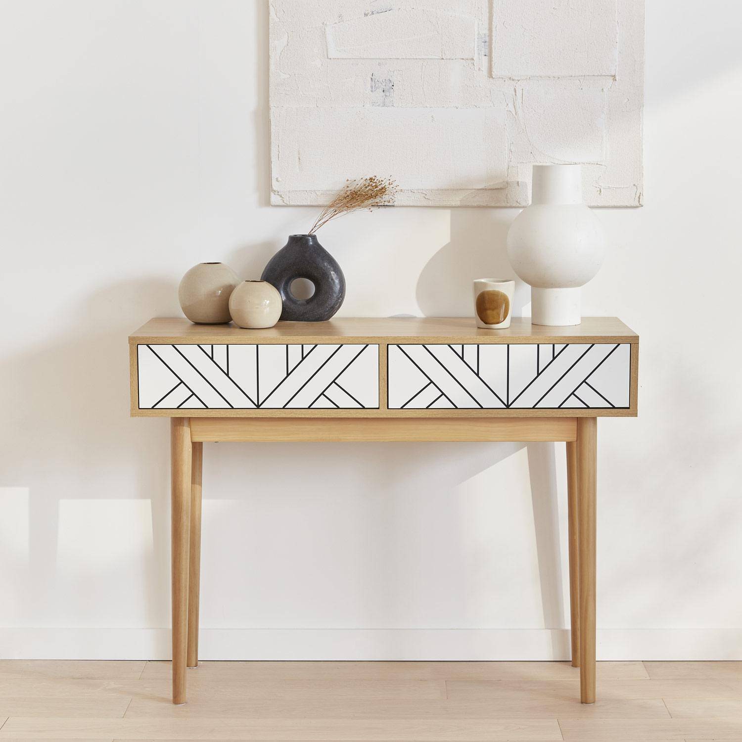 Console en décor bois et blanc- Mika - 2 tiroirs, pieds scandinaves, L 100 x l 35 x H 75cm,sweeek,Photo1