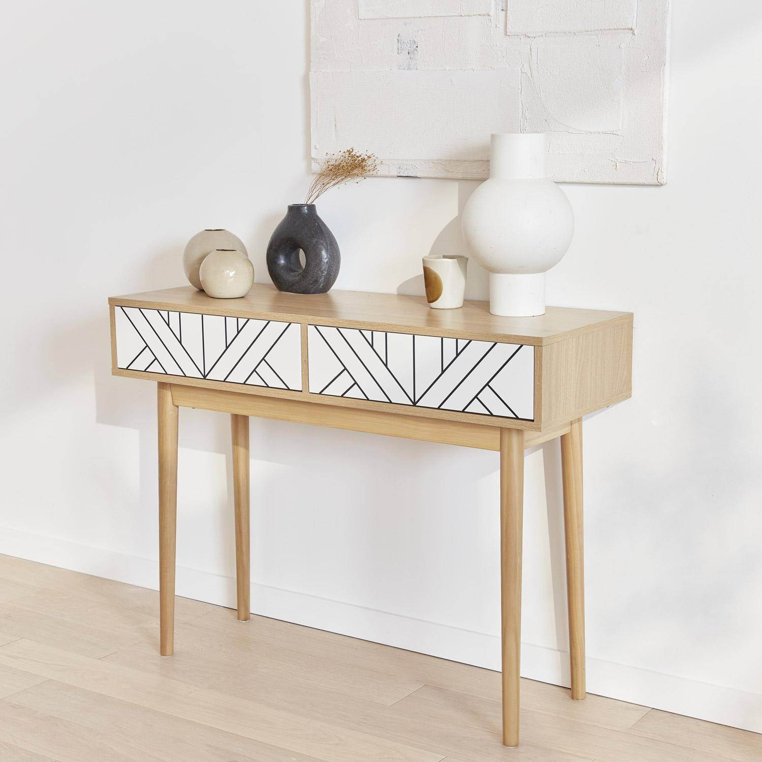 Console en décor bois et blanc- Mika - 2 tiroirs, pieds scandinaves, L 100 x l 35 x H 75cm,sweeek,Photo2