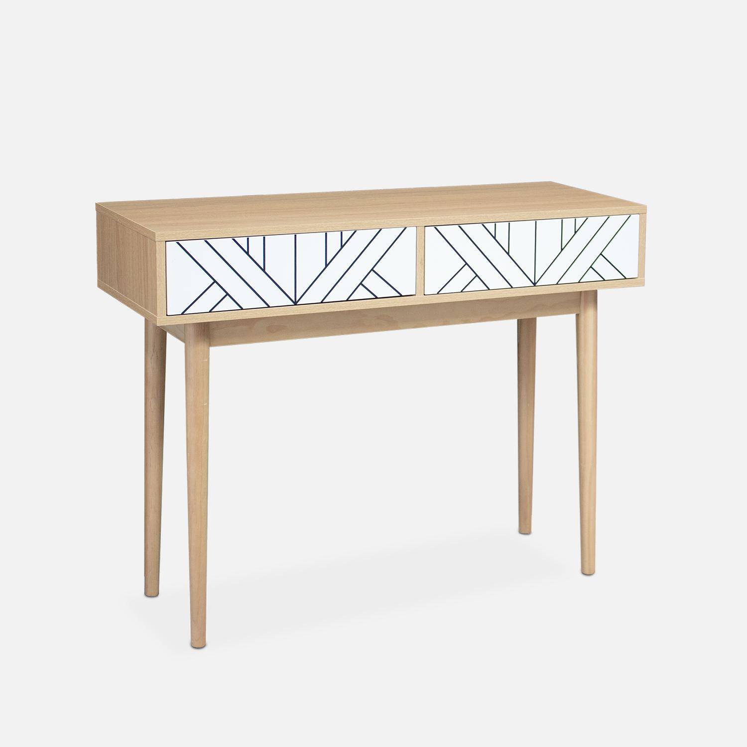 Console en décor bois et blanc- Mika - 2 tiroirs, pieds scandinaves, L 100 x l 35 x H 75cm,sweeek,Photo3