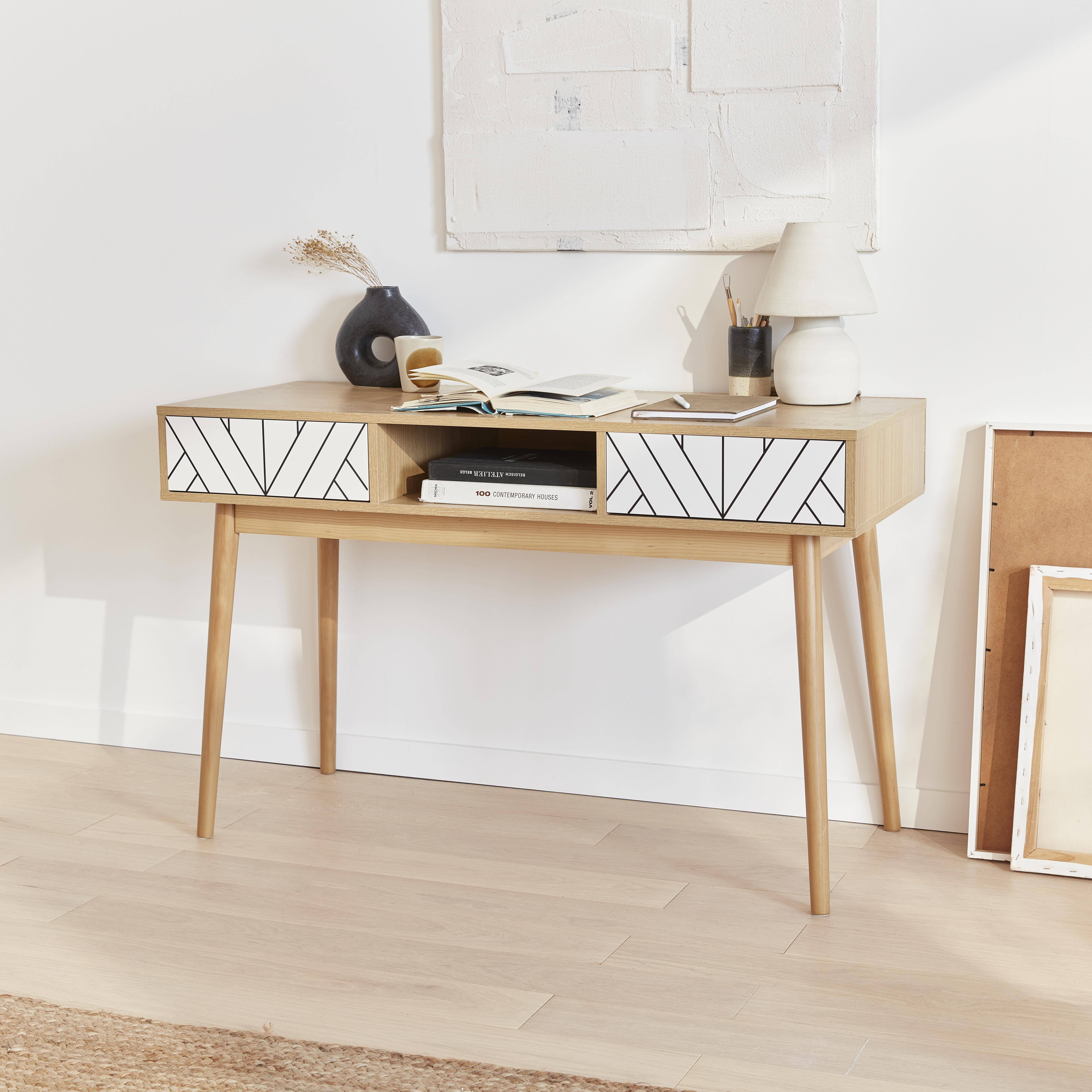 Wood-effect console table with two drawers and one storage nook, 120x48x75cm - Mika - White Photo2