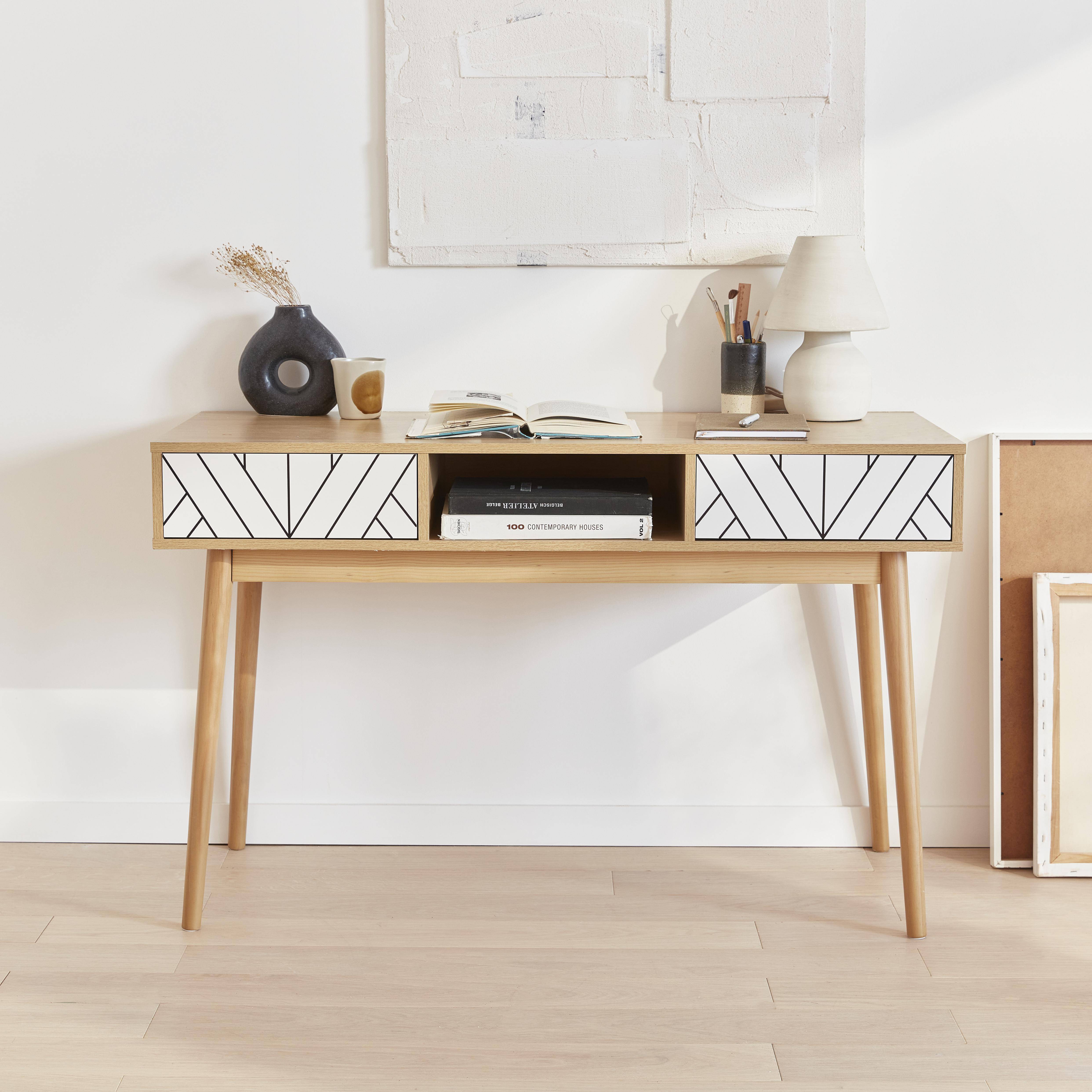 Wood-effect console table with two drawers and one storage nook, 120x48x75cm - Mika - White Photo1