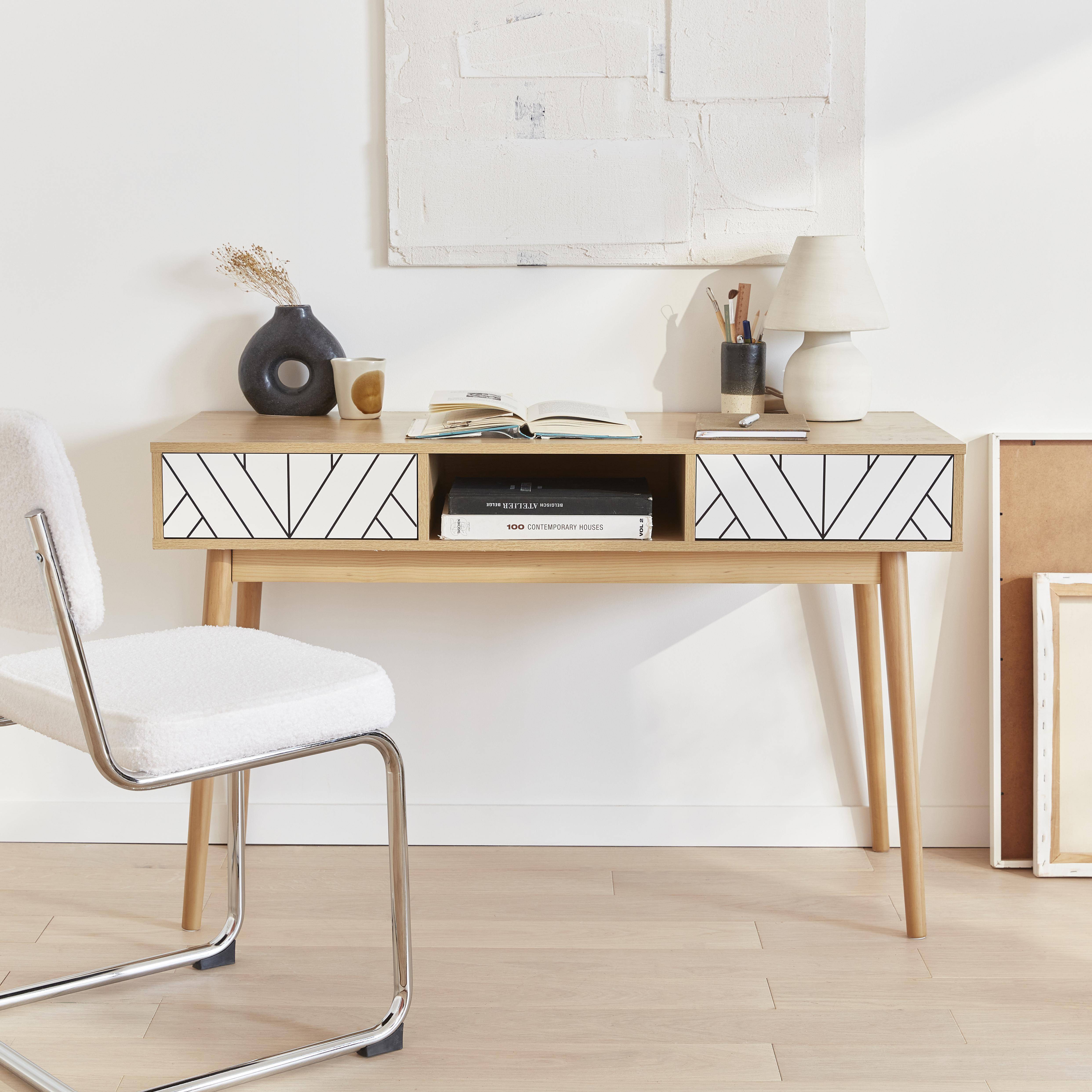 Wood-effect console table with two drawers and one storage nook, 120x48x75cm - Mika - White Photo3