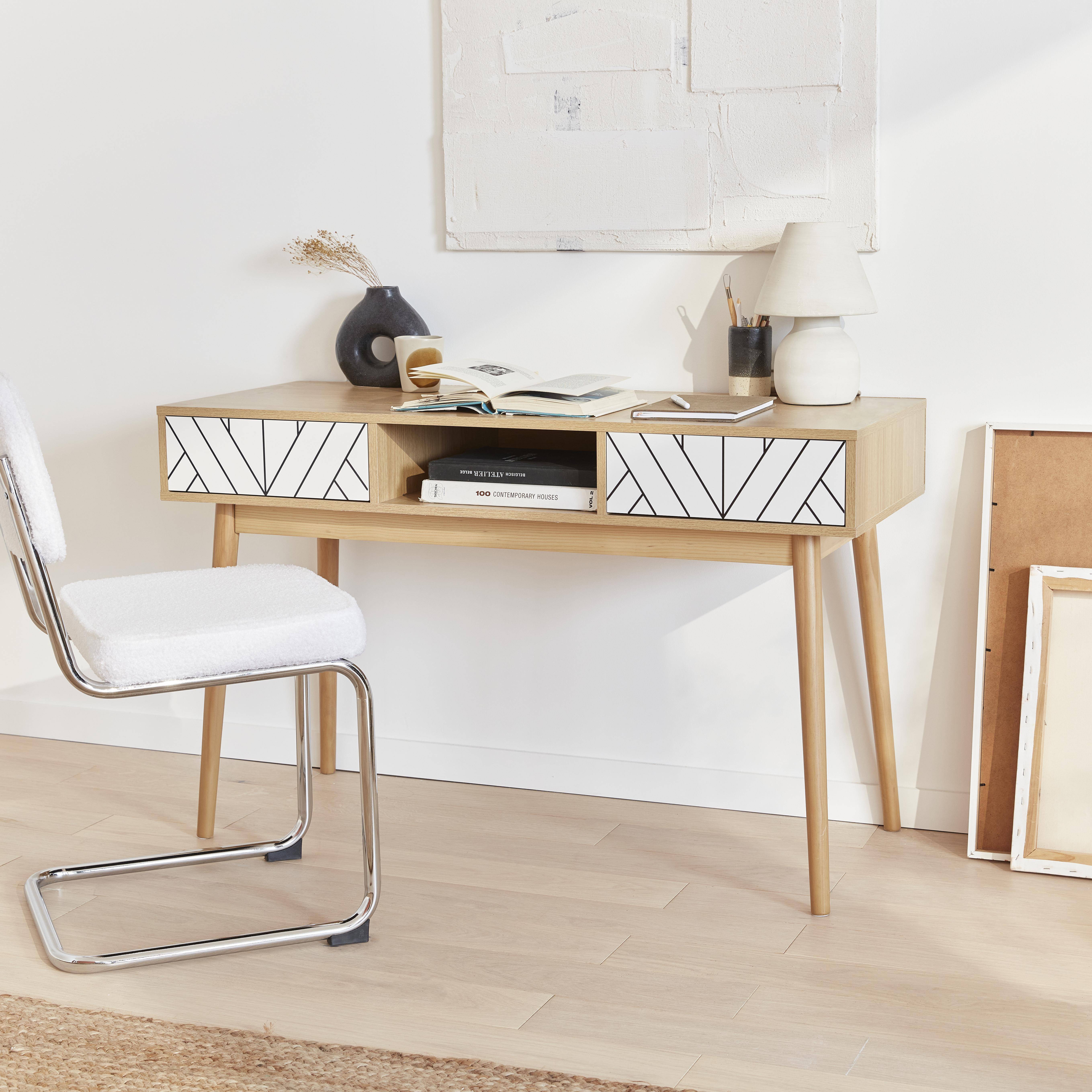 Wood-effect console table with two drawers and one storage nook, 120x48x75cm - Mika - White Photo4
