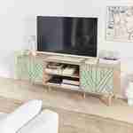 Meuble TV décor bois & vert d'eau - Mika - 2 niveaux, 3 étagères, 2 portes, L 160 x l 40 x H 56cm Photo1