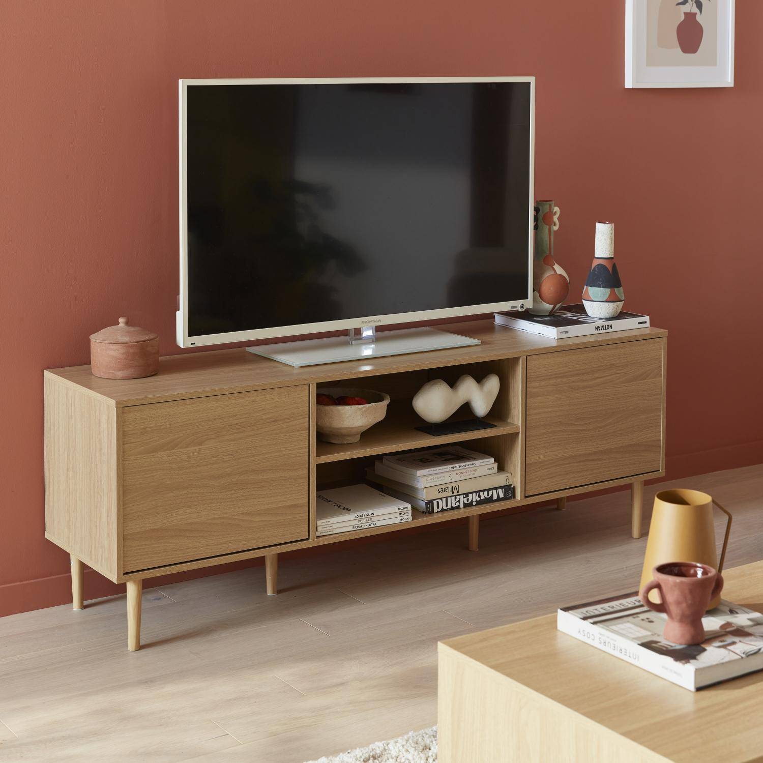 160cm Wood-Effect TV Stand – 2 Levels, 3 Shelves, 2 Doors Photo1