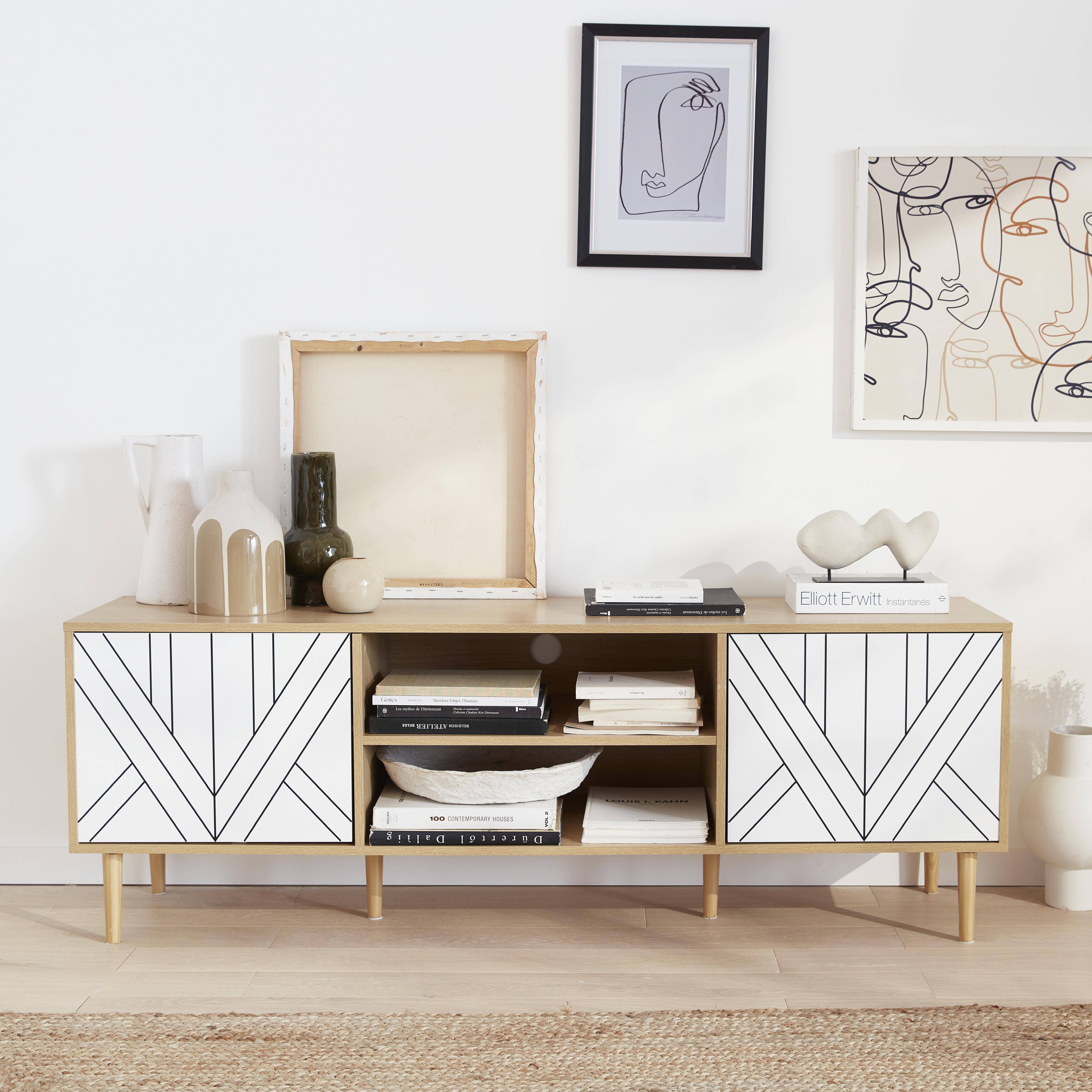 TV-meubel Mika, 3 planken, 2 deuren, houtlook & witte deurtjes, 160x40x56cm,sweeek,Photo1