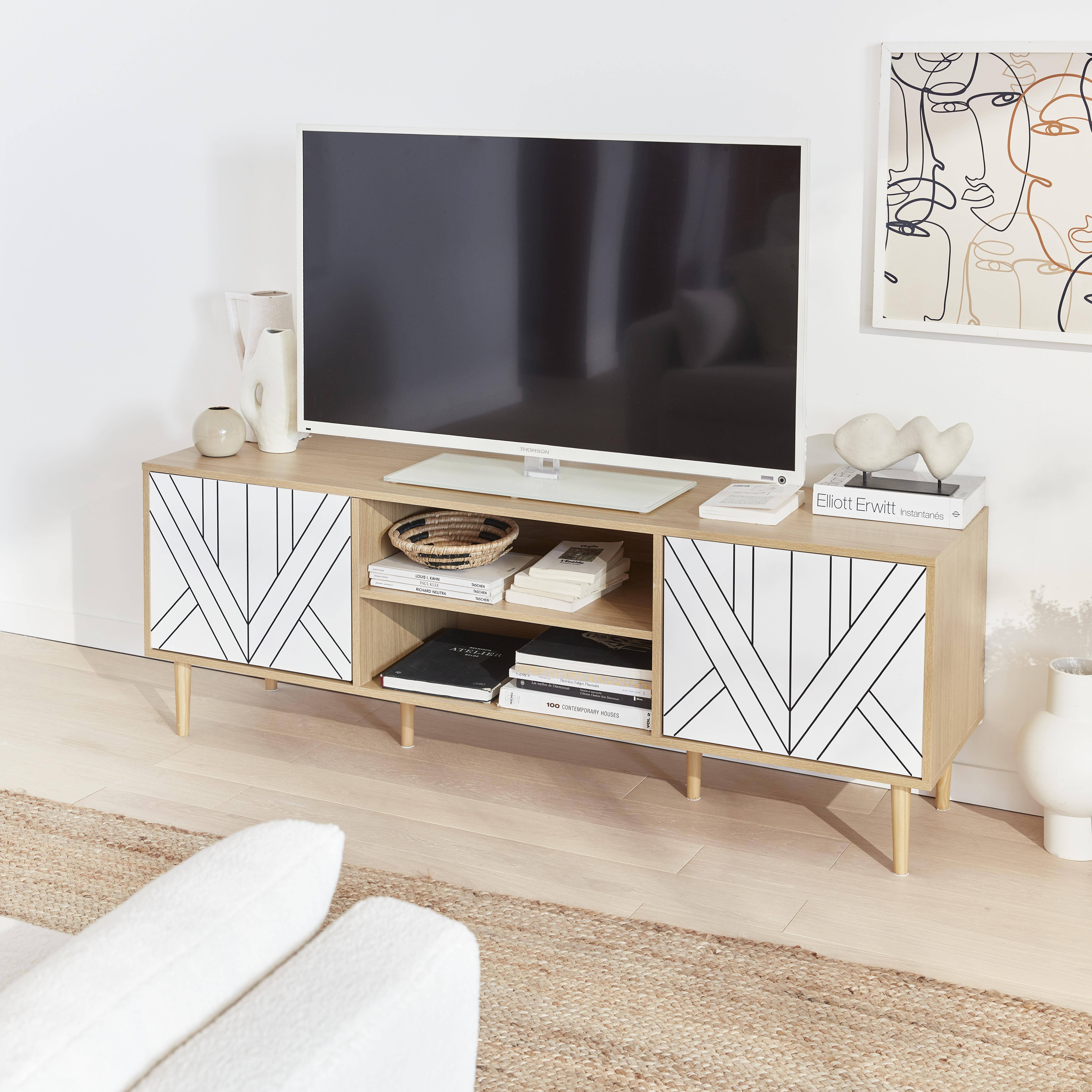 TV-Möbel in Holzeffekt und Weiß -Mika - 2 Schubladen - 2 Ebenen - 2 Türen L 160 x B 40 x H 56 cm Photo2
