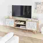 Meuble TV décor bois & blanc - Mika - 2 niveaux, 3 étagères, 2 portes, L 160 x l 40 x H 56cm Photo2