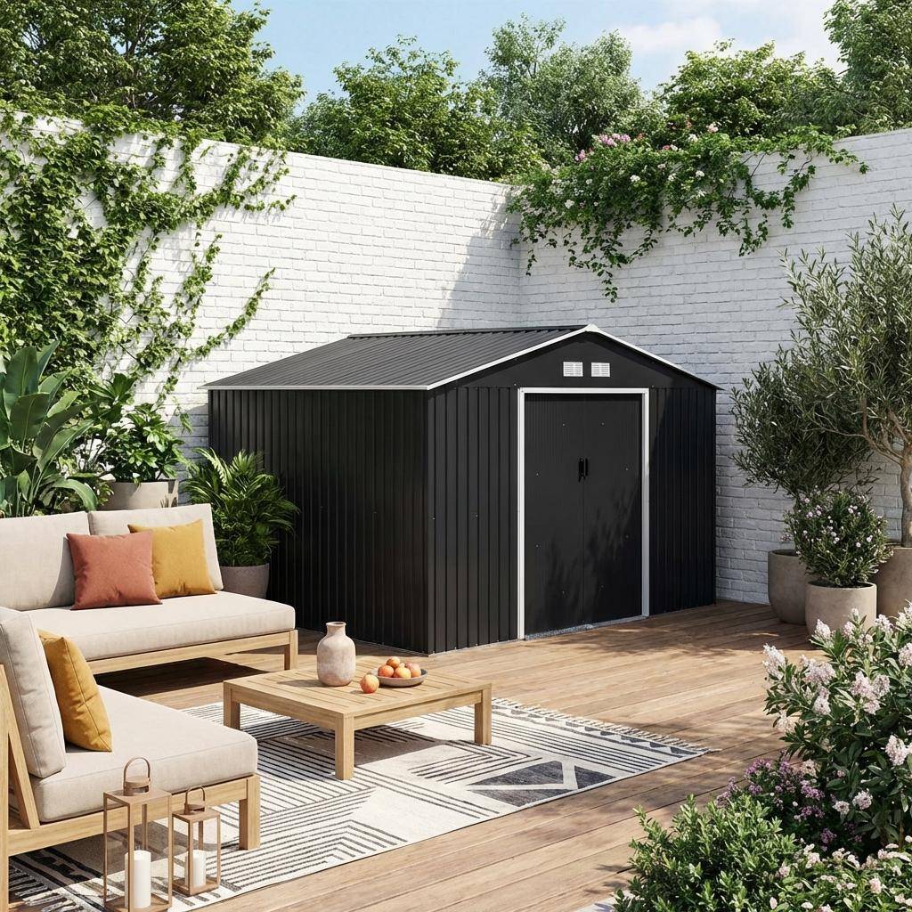 Gartenschuppen aus Metall - Boulonnais - 10,85m² anthrazitgrau und weiß - Geräteschuppen mit zwei Schiebetüren, inkl. Bodenbefestigungsset, Aufbewahrungshaus, Schuppen,sweeek,Photo1