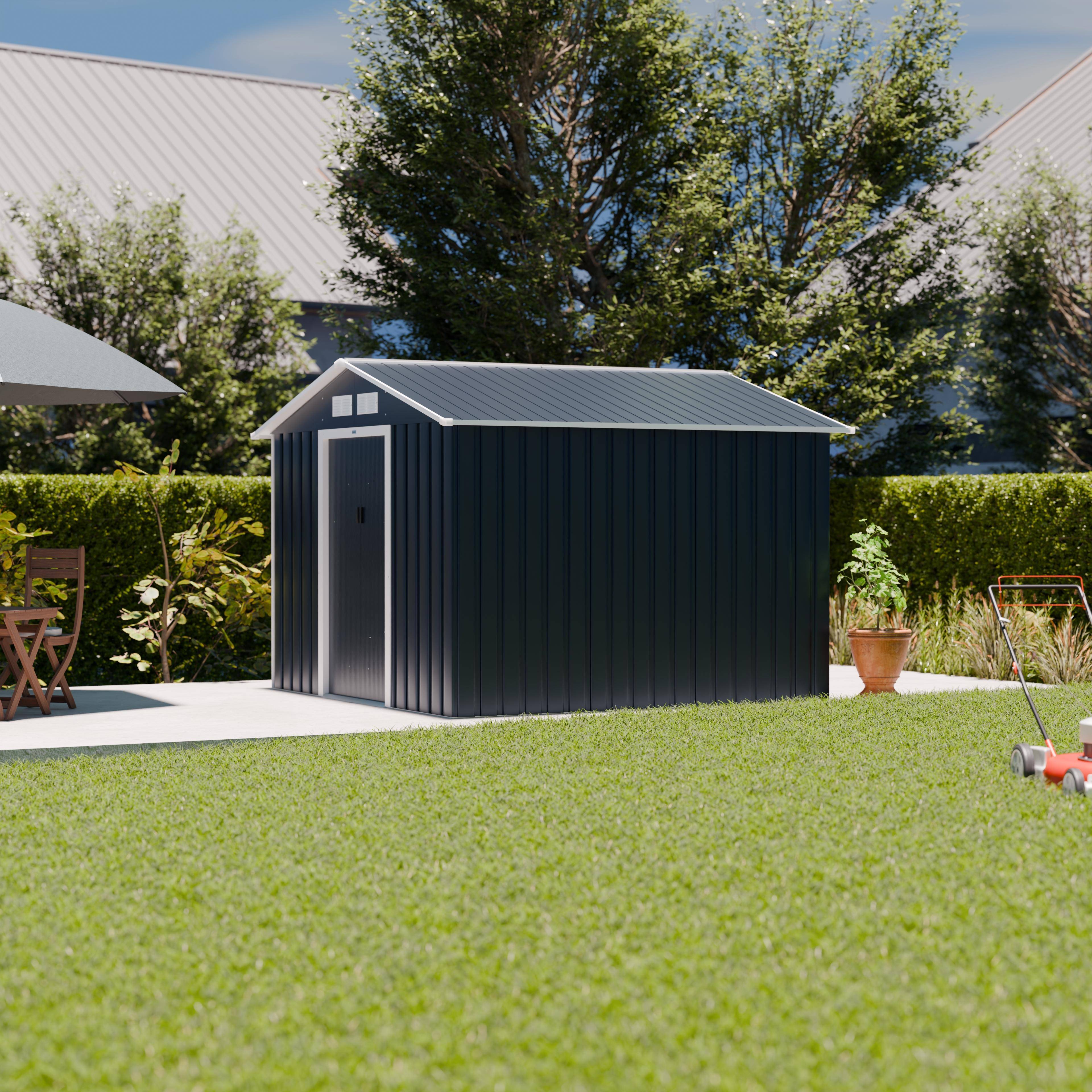 Abri de jardin en métal - Calaisis - 7,06m² gris anthracite et blanc - Cabane à outils avec deux portes coulissantes, kit de fixation sol inclus, maison de rangement, remise Photo1