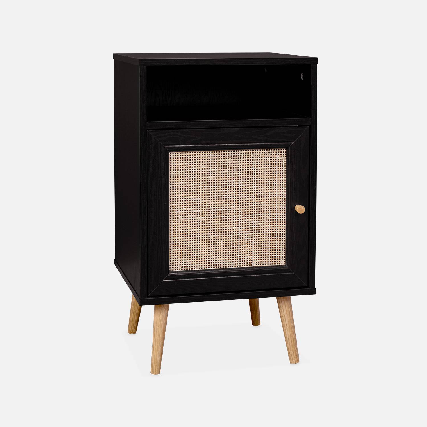 Scandi-style wood and cane rattan bedside table with cupboard, 40x39x70cm, Black | sweeek