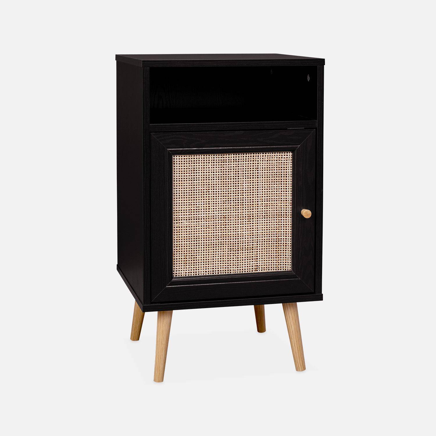 Scandi-style wood and cane rattan bedside table with cupboard, 40x39x70cm - Boheme - Black Photo3