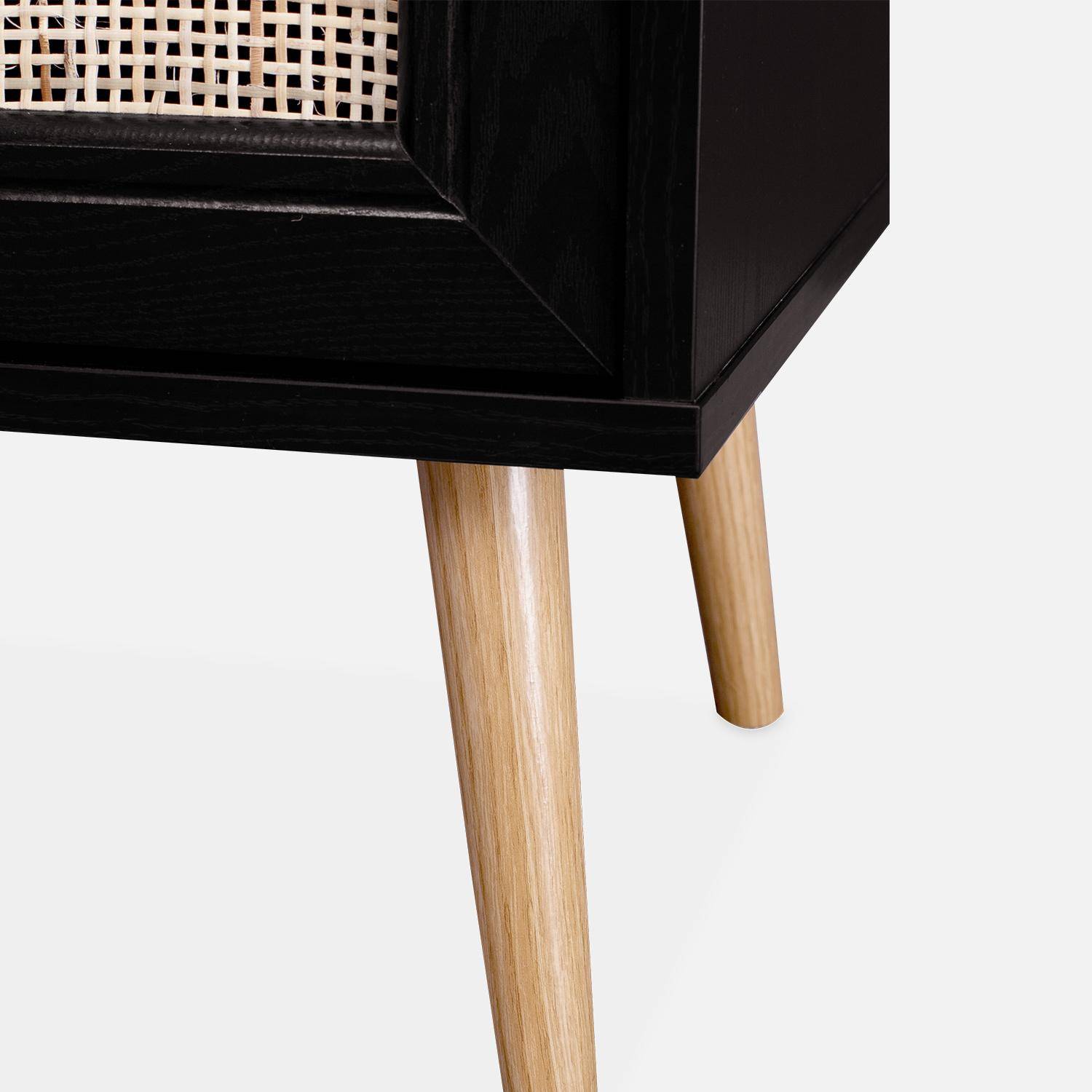 Scandi-style wood and cane rattan bedside table with cupboard, 40x39x70cm - Boheme - Black Photo6