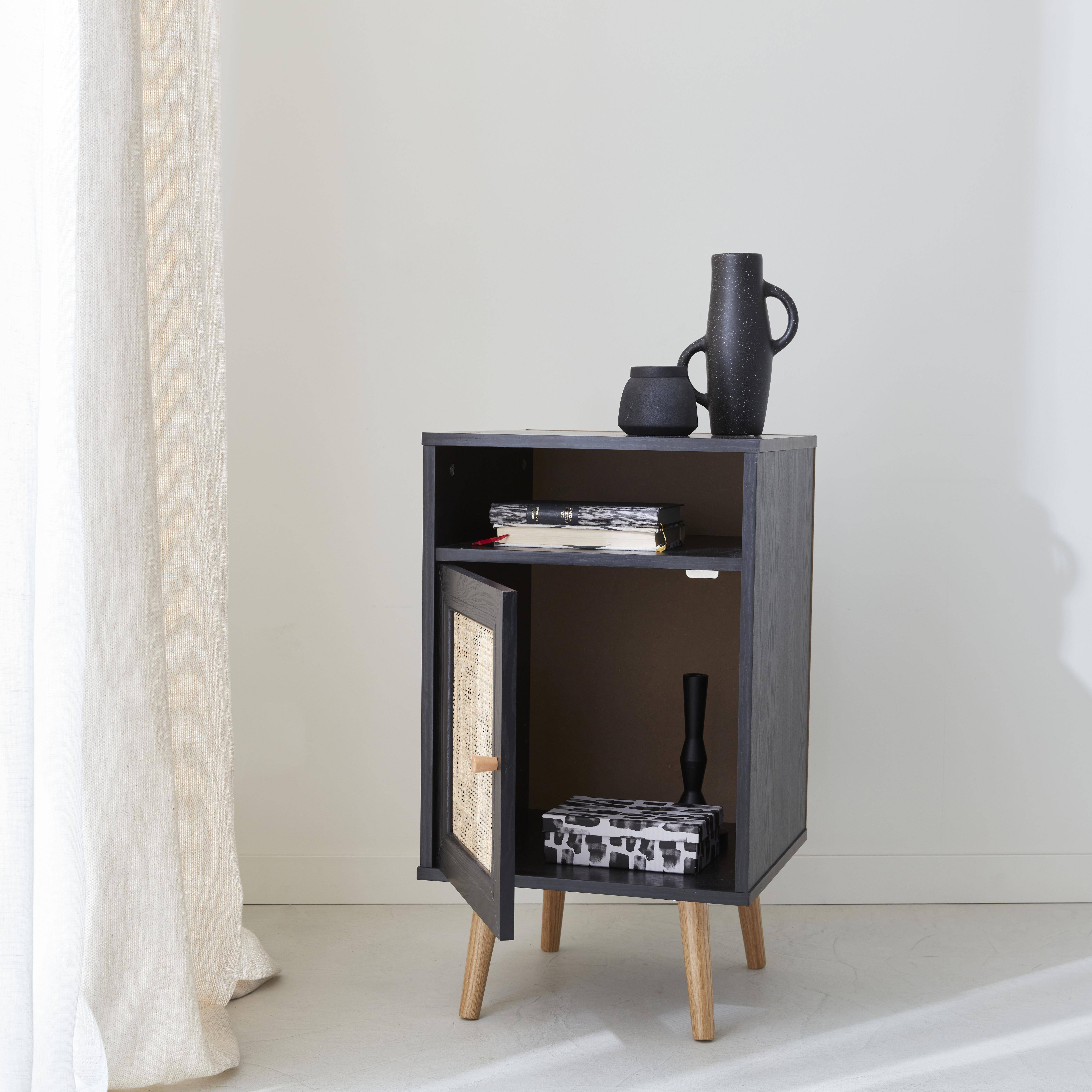 Scandi-style wood and cane rattan bedside table with cupboard, 40x39x70cm - Boheme - Black Photo2