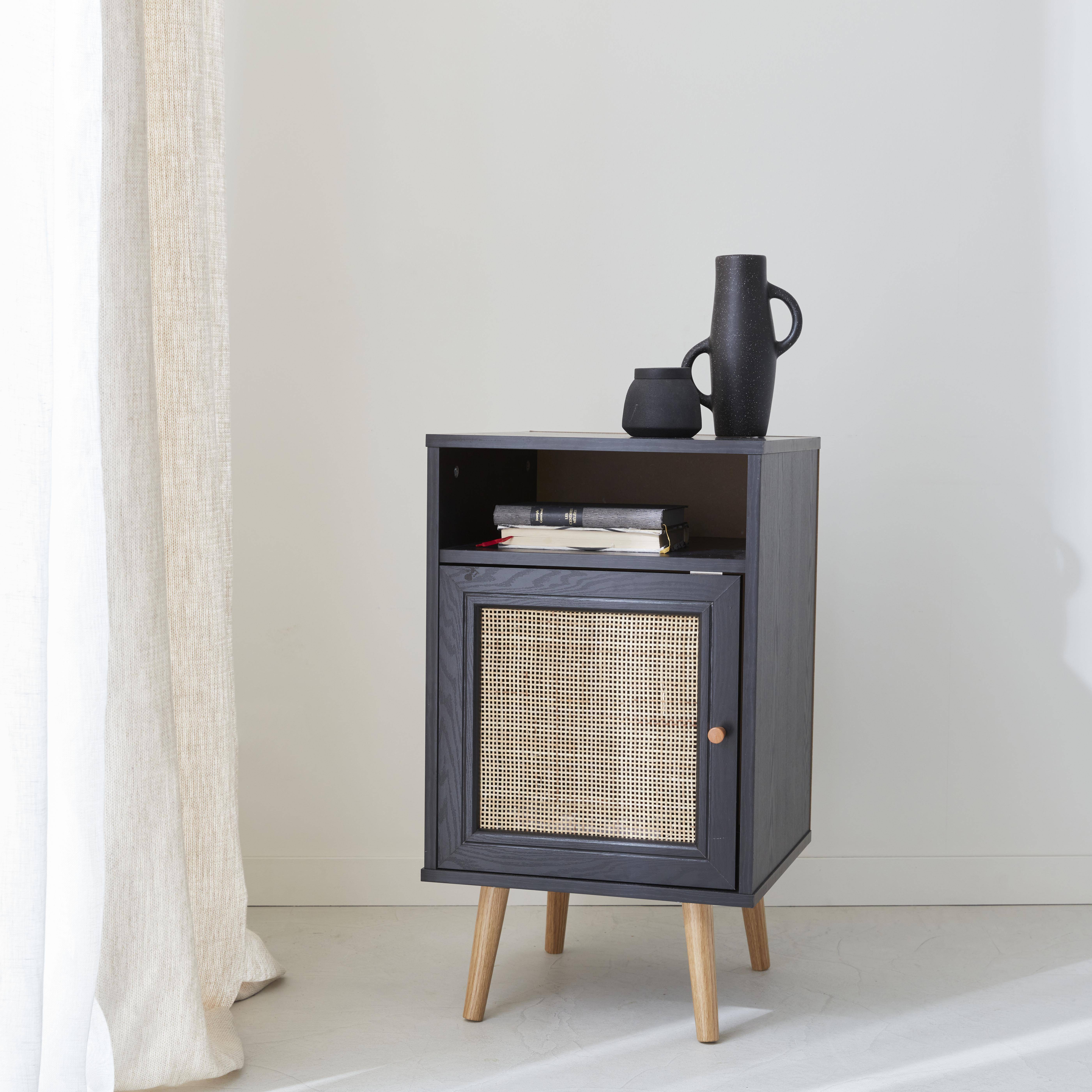 Scandi-style wood and cane rattan bedside table with cupboard, 40x39x70cm - Boheme - Black Photo1