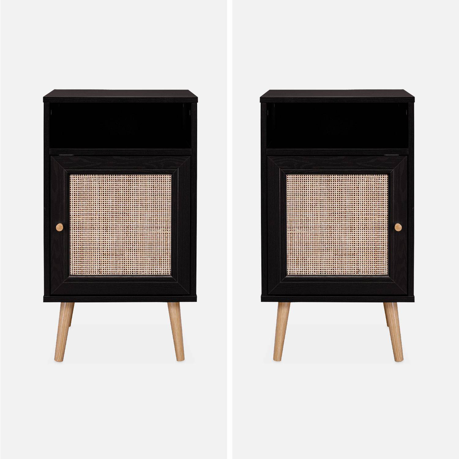 Scandi-style wood and cane rattan bedside table with cupboard, 40x39x70cm - Boheme - Black Photo5