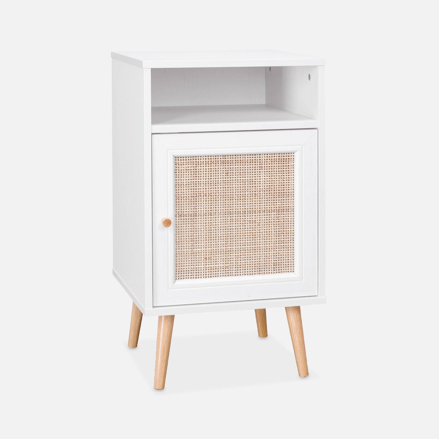 Scandi-style wood and cane rattan bedside table with cupboard, 40x39x70cm, White | sweeek