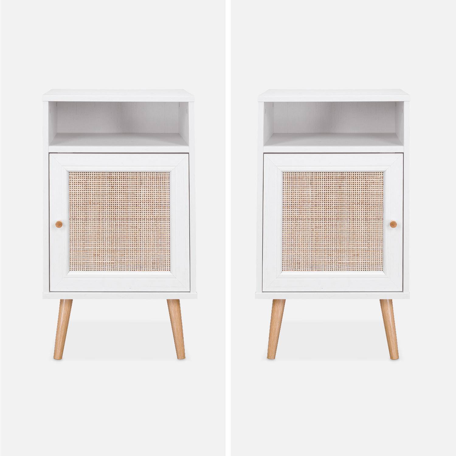 Table de chevet décor bois blanc en cannage - Bohème - 40x39x65.8cm, blanc - 2 niveaux - 1 porte - 1 espace de rangement - pieds scandinaves Photo5