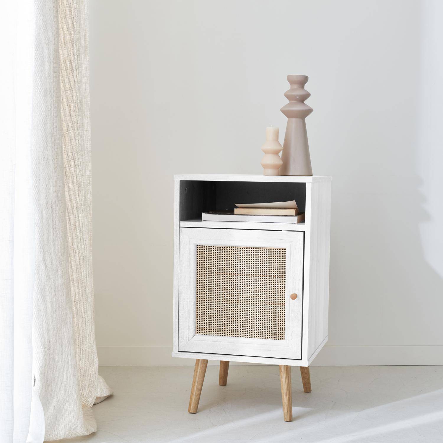 Scandi-style wood and cane rattan bedside table with cupboard, 40x39x70cm - Boheme - White Photo1