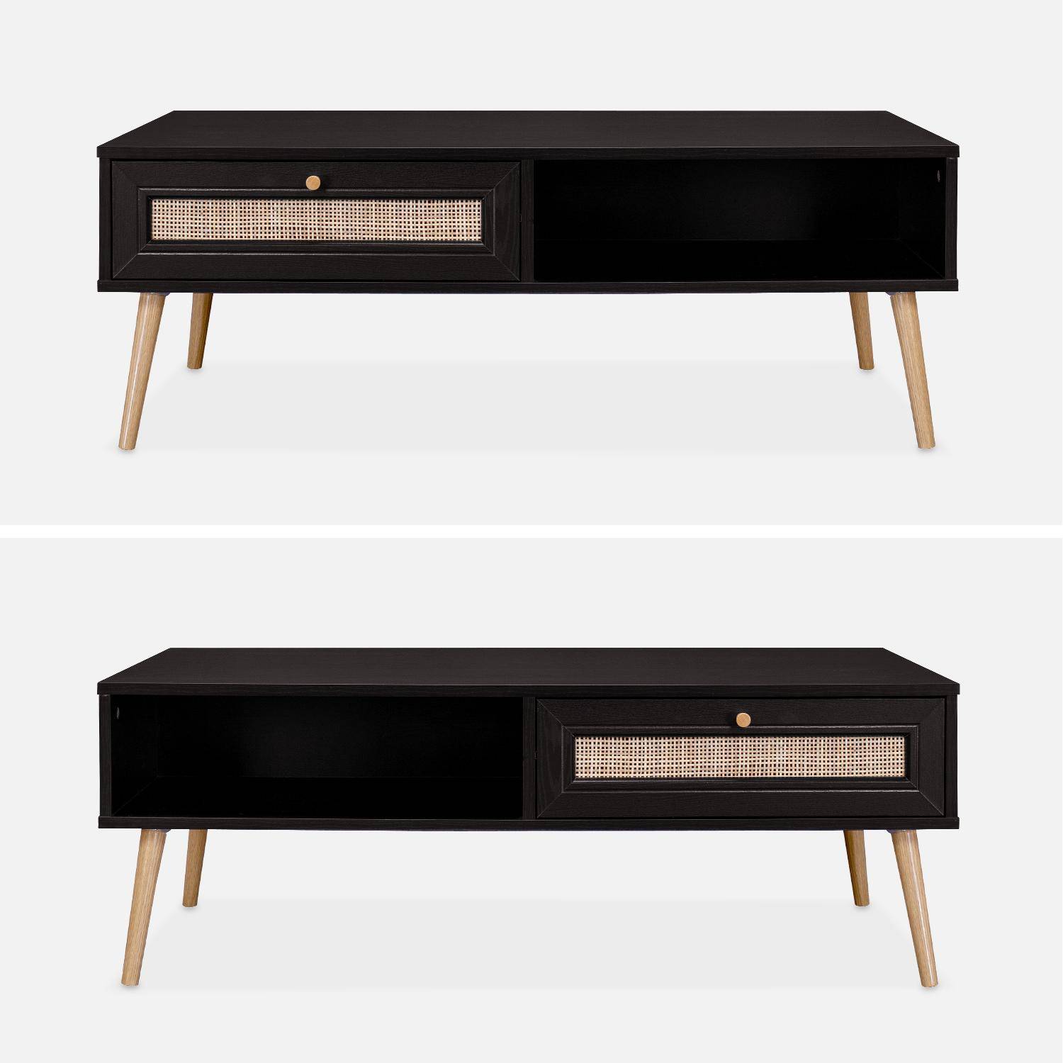  Wood and woven rattan coffee table with storage, 110x59x39cm, black, Boheme Photo3
