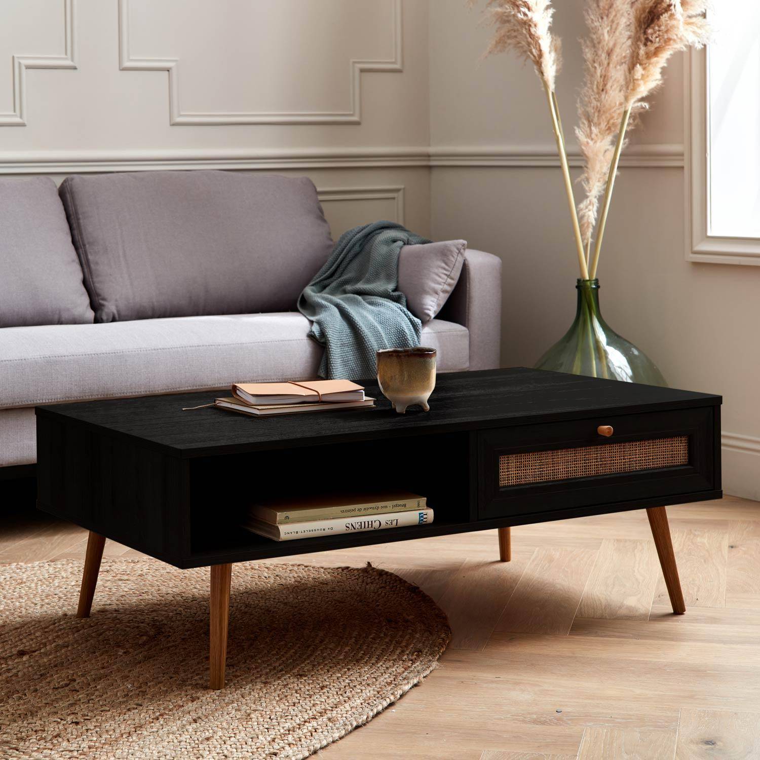  Wood and woven rattan coffee table with storage, 110x59x39cm, black, Boheme Photo1