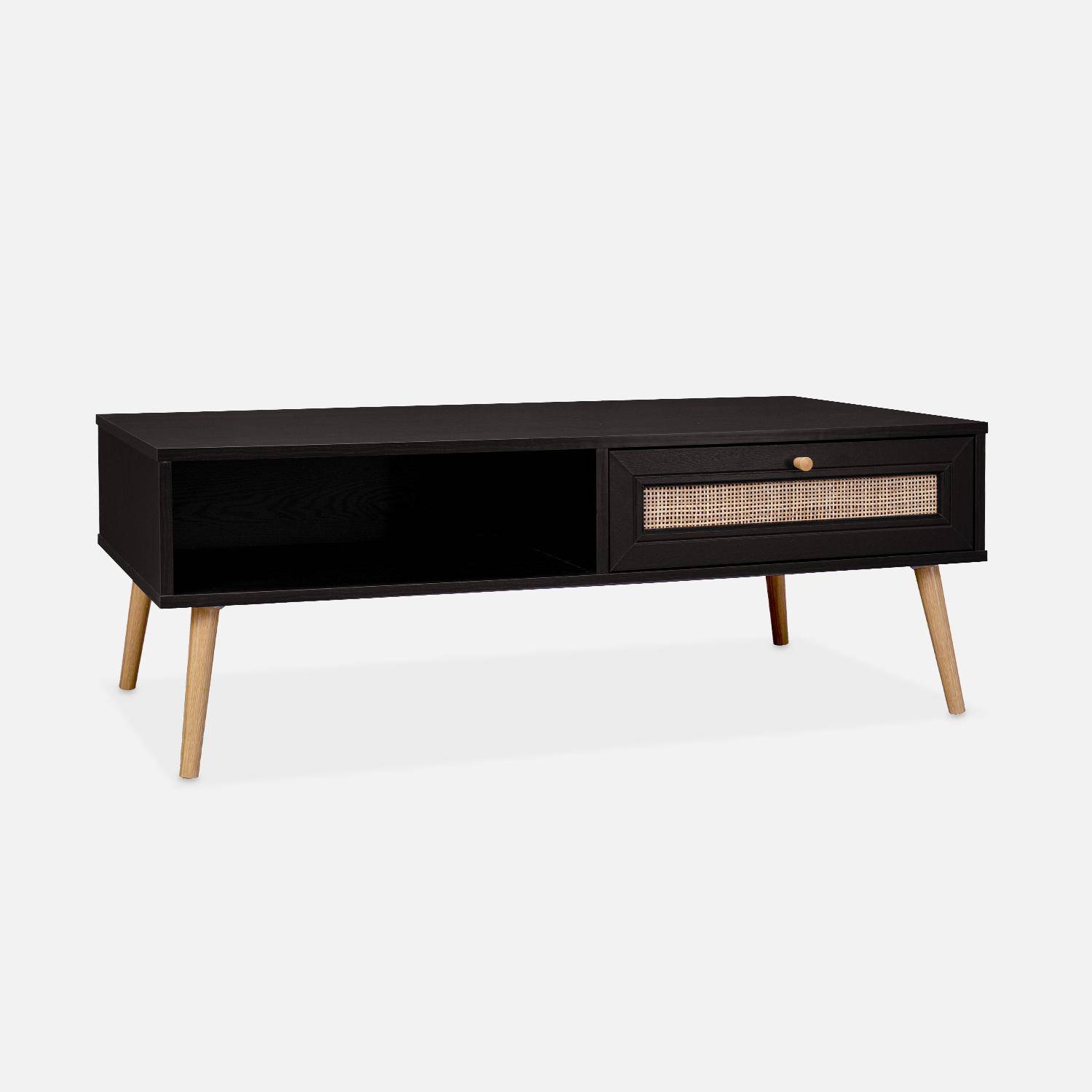 Wood and woven rattan coffee table with storage, 110x59x39cm, black, Boheme Photo2