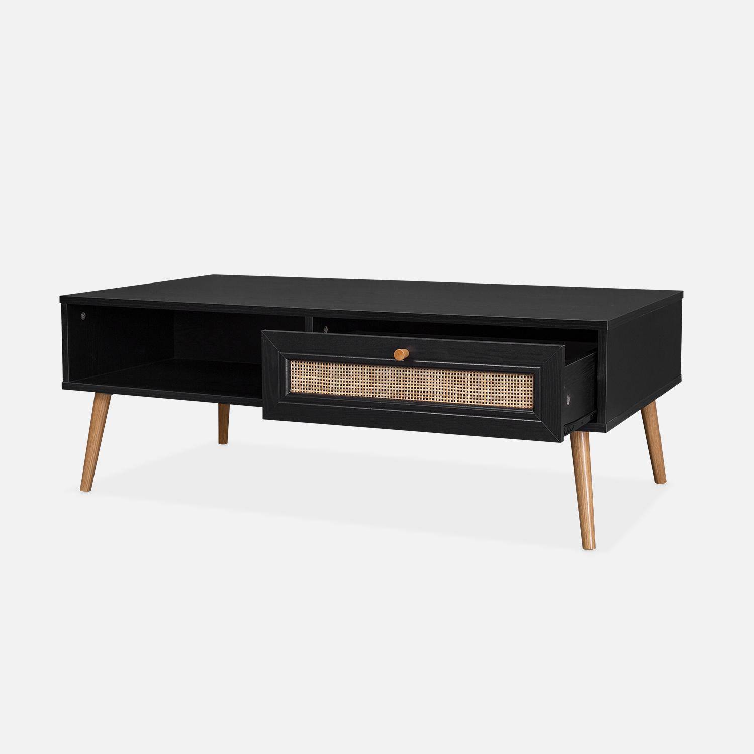  Wood and woven rattan coffee table with storage, 110x59x39cm, black, Boheme Photo4