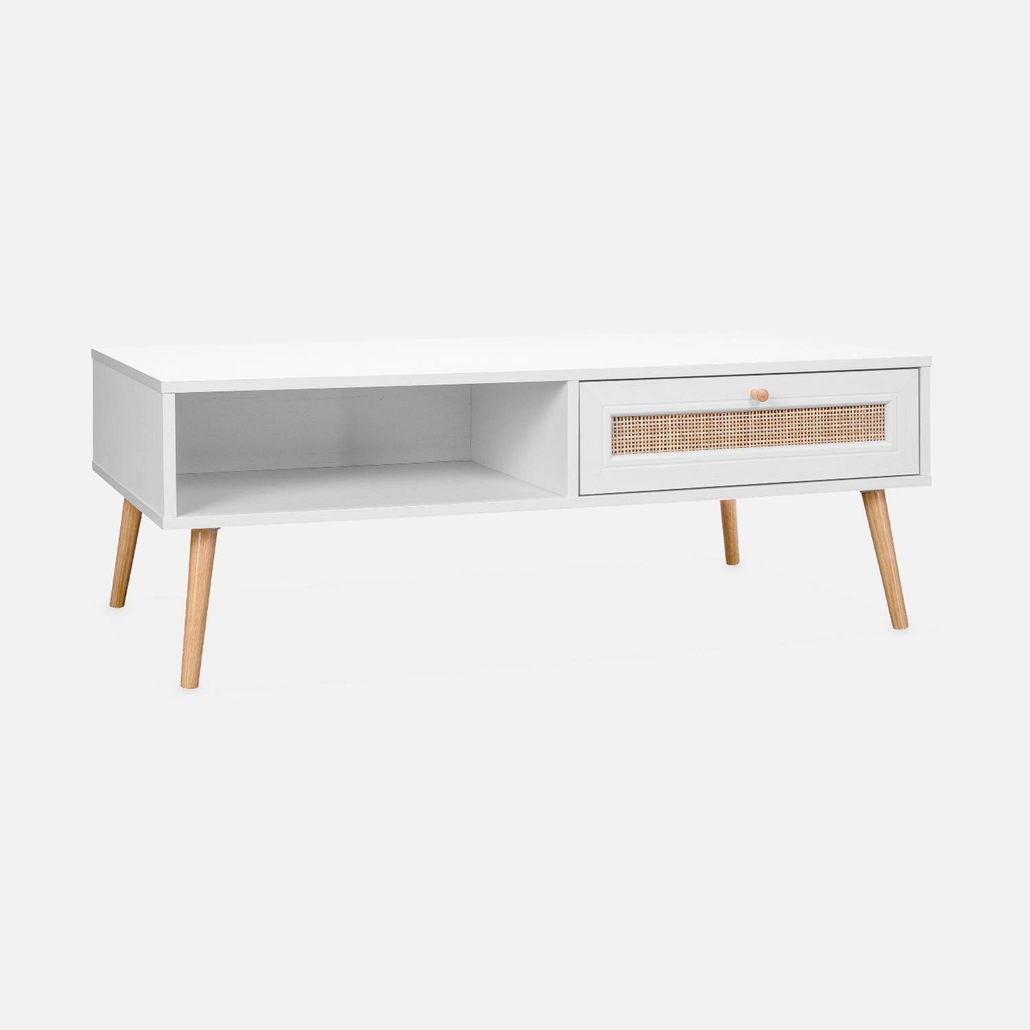  Wood and woven rattan coffee table with storage, 110x59x39cm, White | sweeek
