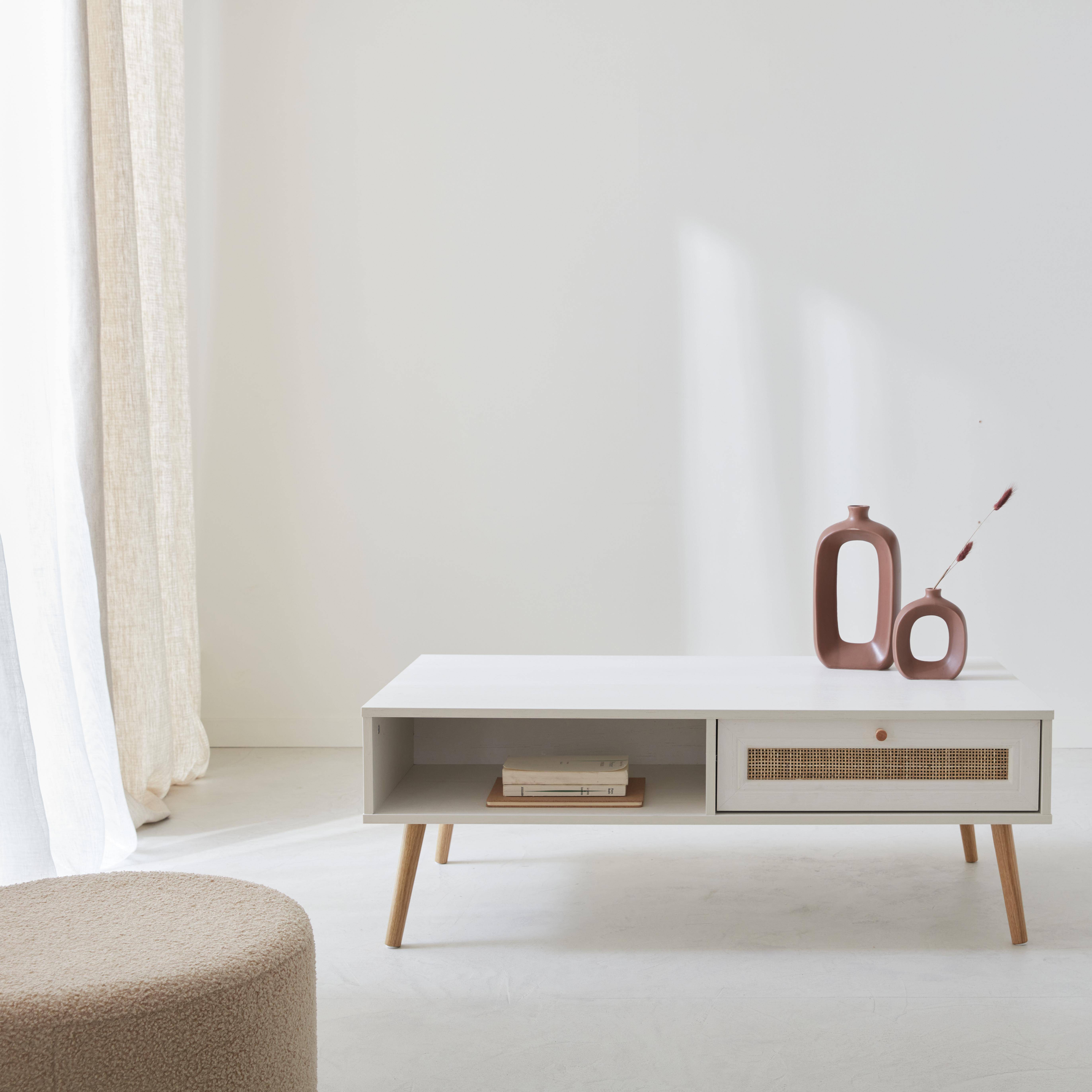  Wood and woven rattan coffee table with storage, 110x59x39cm, white, Boheme Photo3