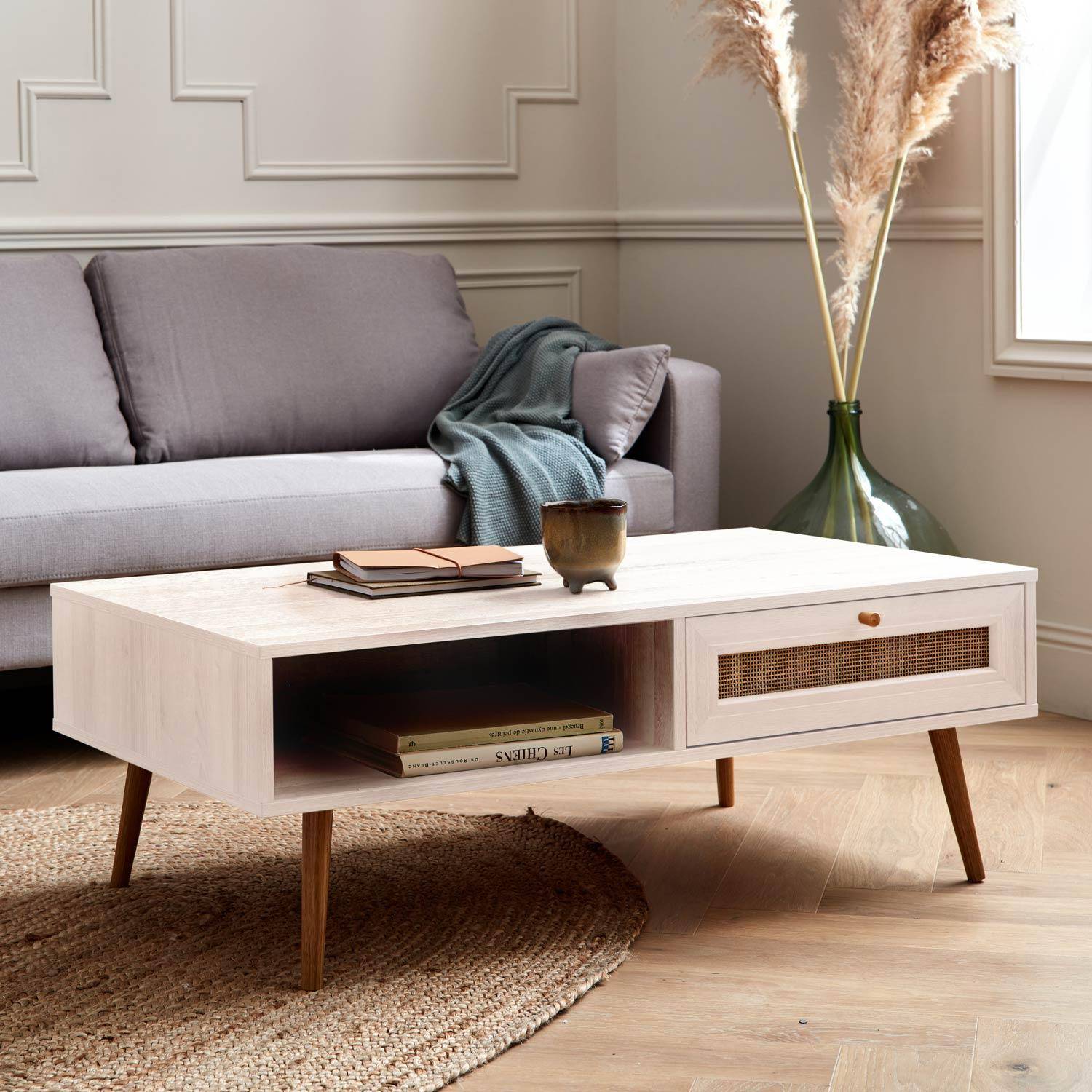  Wood and woven rattan coffee table with storage, 110x59x39cm, white, Boheme,sweeek,Photo1