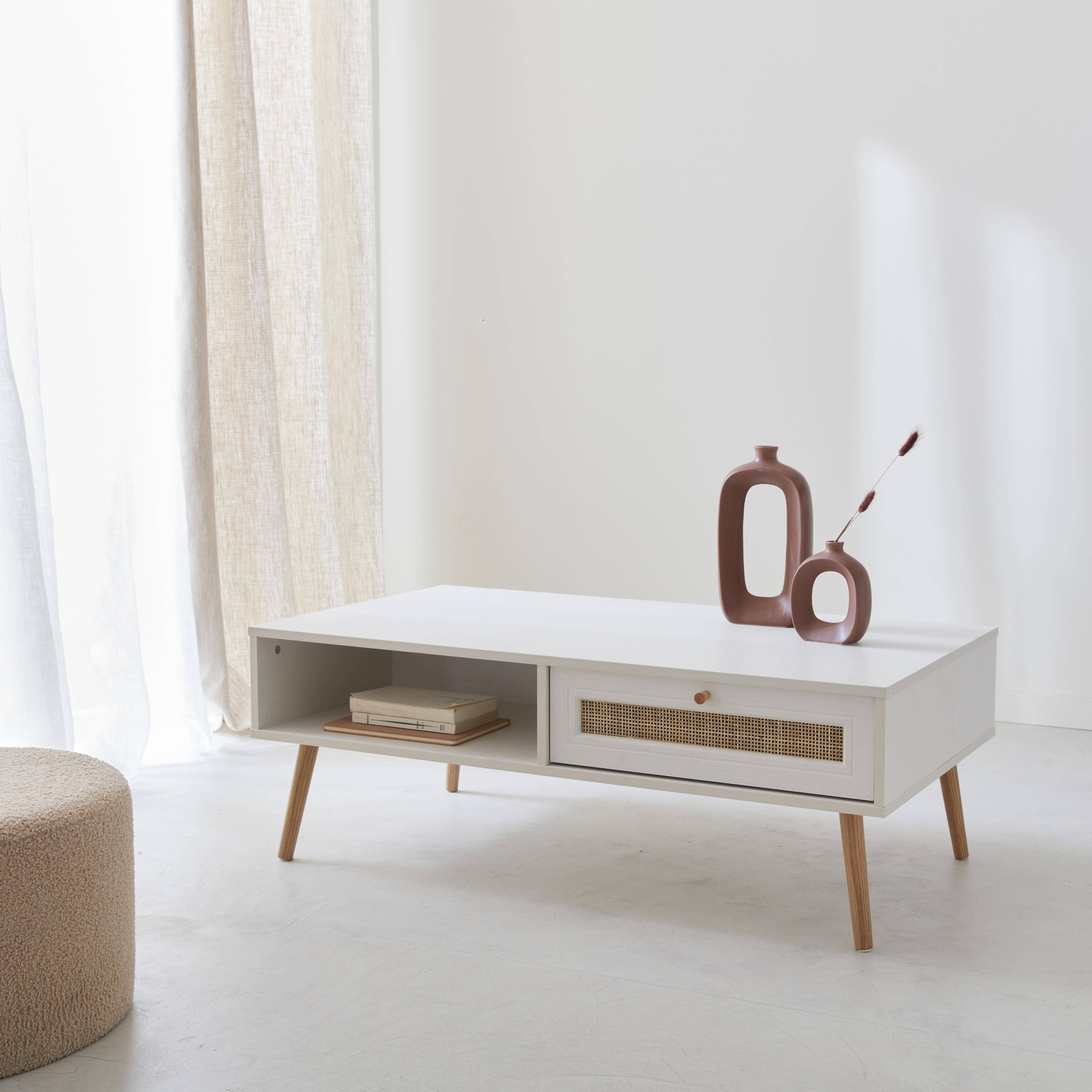  Wood and woven rattan coffee table with storage, 110x59x39cm, white, Boheme Photo2