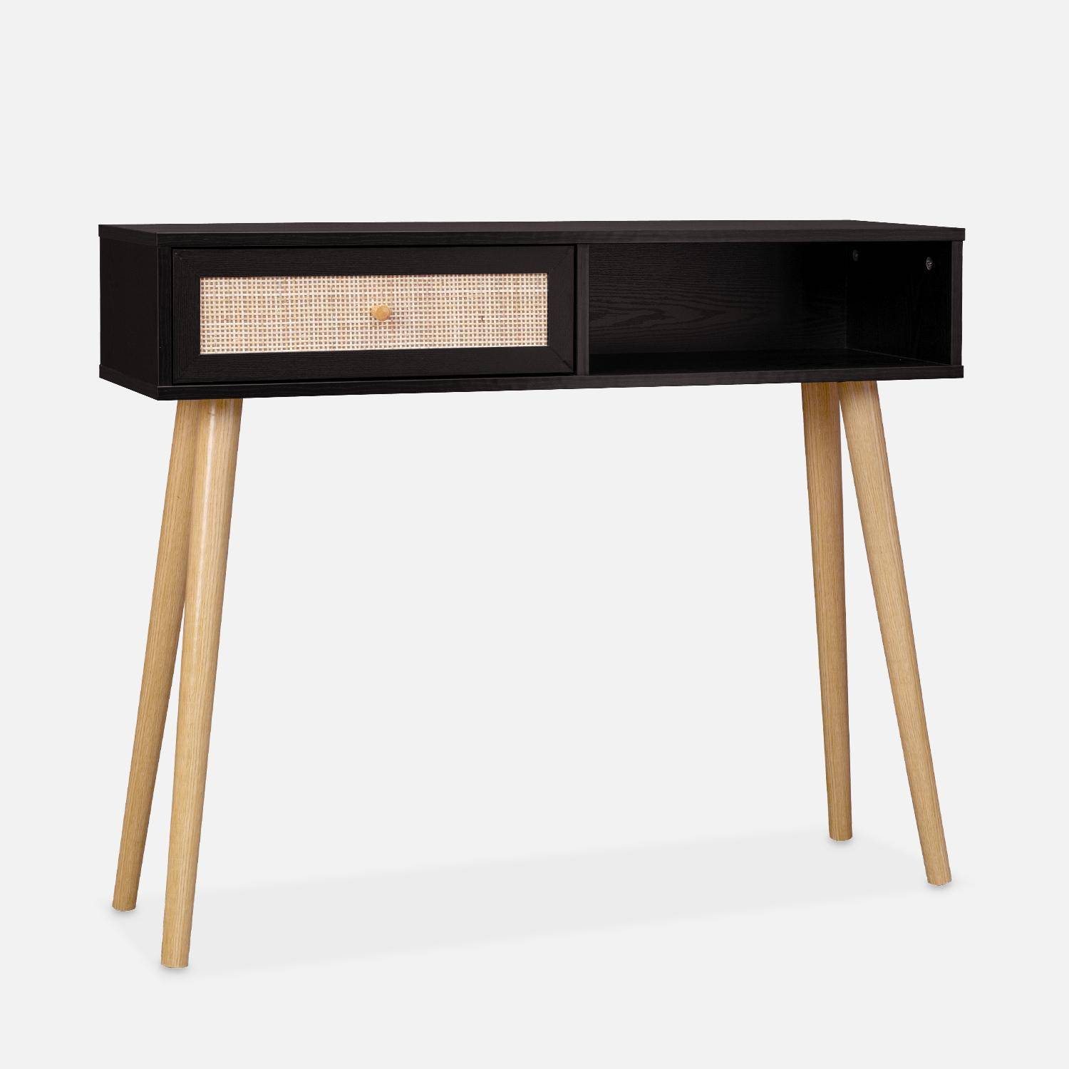 Wood and cane rattan Scandi-style console table, 100x30x81cm - Boheme - Black,sweeek,Photo2