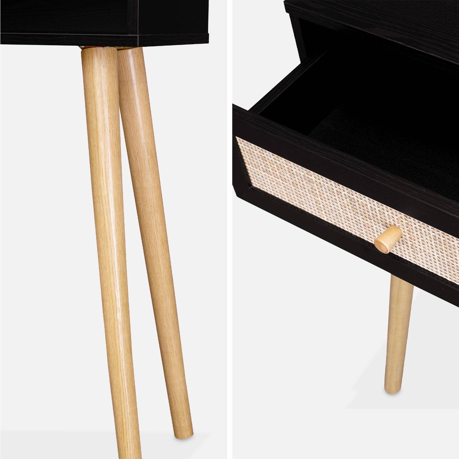 Wood and cane rattan Scandi-style console table, 100x30x81cm - Boheme - Black Photo3