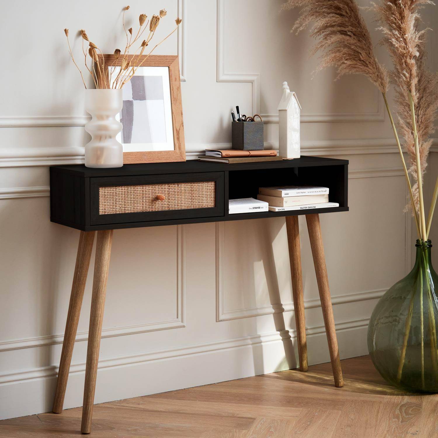 Wood and cane rattan Scandi-style console table, 100x30x81cm - Boheme - Black,sweeek,Photo1