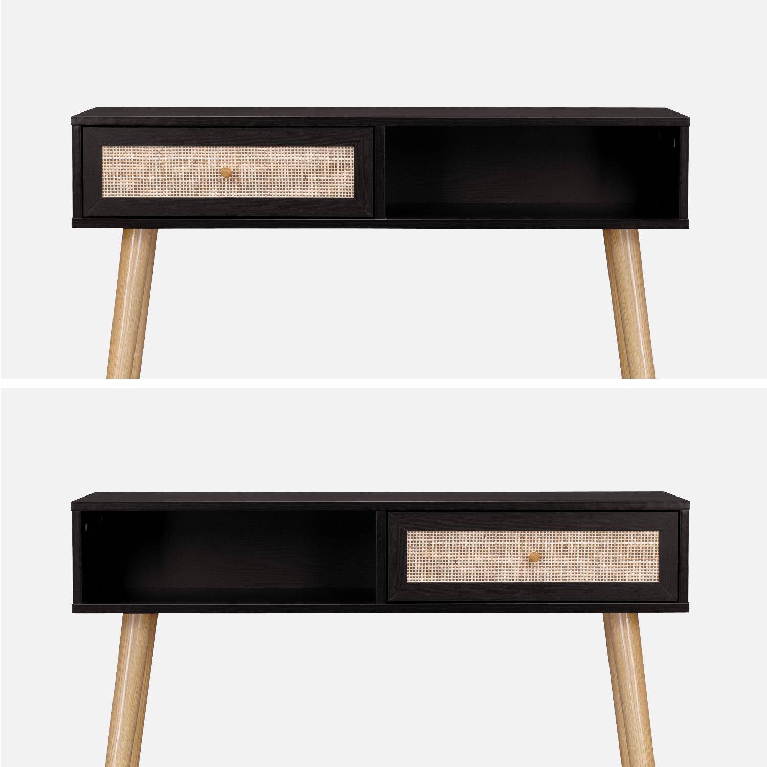 Console en cannage 100x29x81cm  -  Bohème -  Noir, 1 tiroir,1 espace de rangement, pieds scandinaves décor bois, 1 poignée Photo3