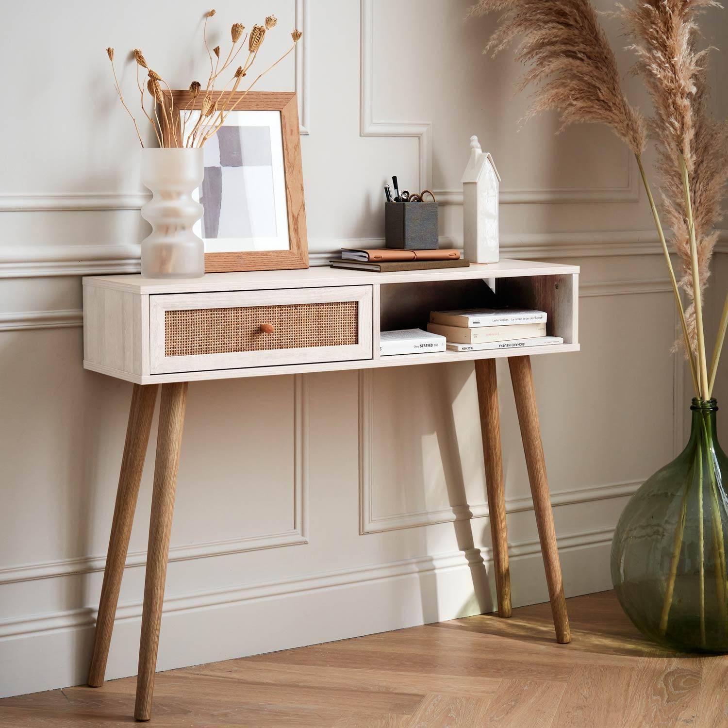 Wood and cane rattan Scandi-style console table, 100x30x81cm - Boheme - White Photo1