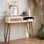 Console en cannage 100x29x81cm  -  Bohème -  Blanc, 1 tiroir,1 espace de rangement, pieds scandinaves décor bois, 1 poignée Photo2